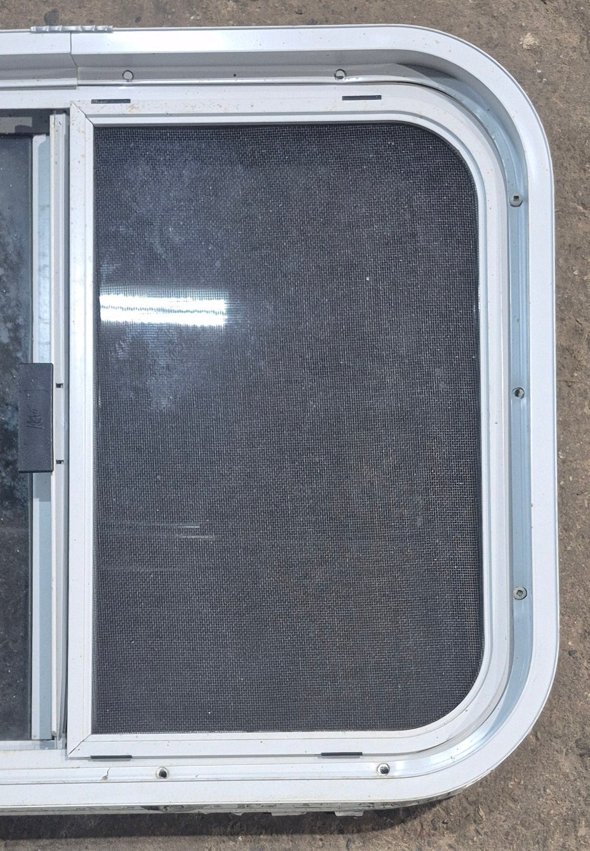 Used White Radius Opening Window : 23 1/4" W x 17 1/2" H x 1 7/8" D - Young Farts RV Parts