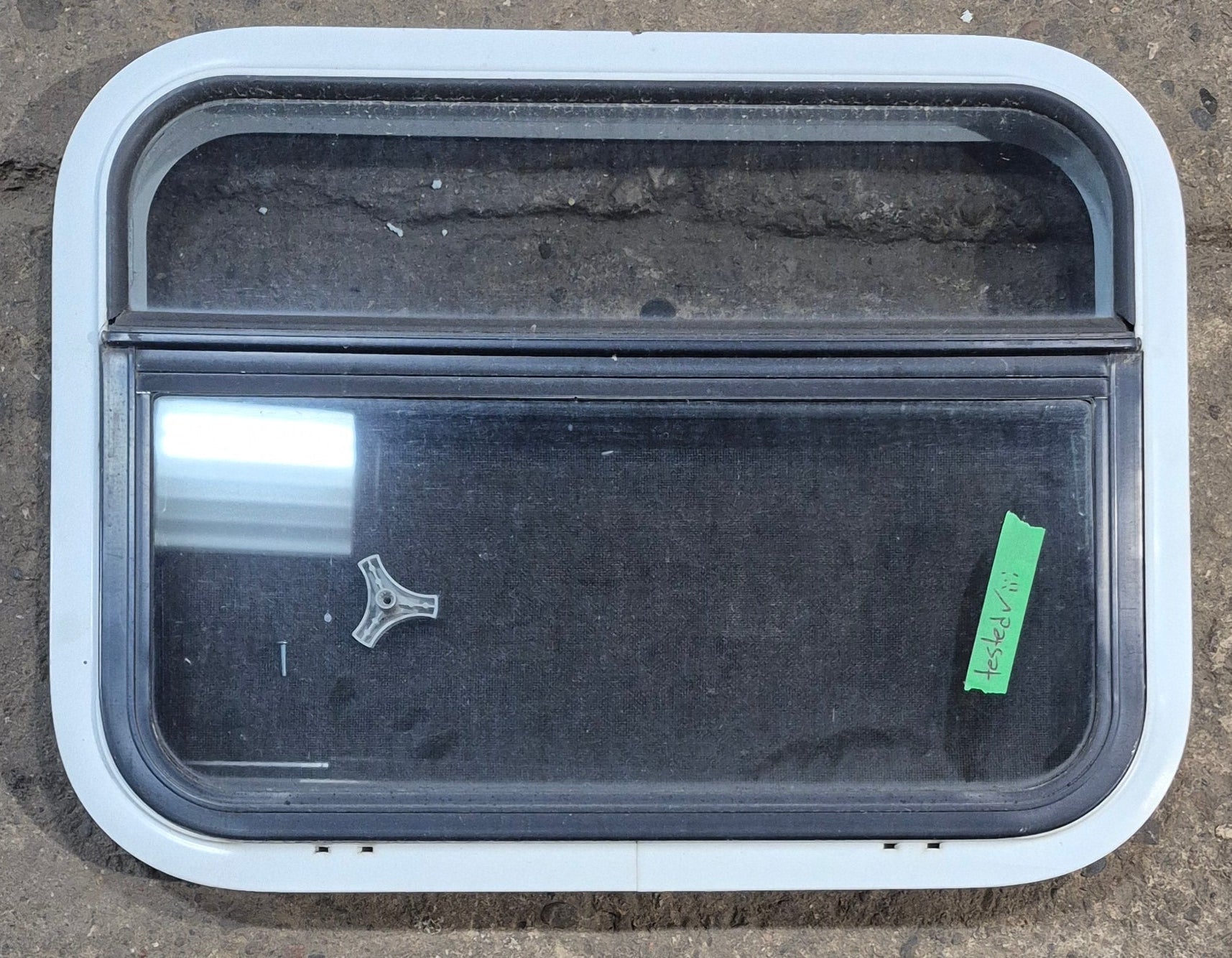 Used White Radius Opening Window : 23 1/4" W x 17 1/4" H x 1 3/4" D - Young Farts RV Parts