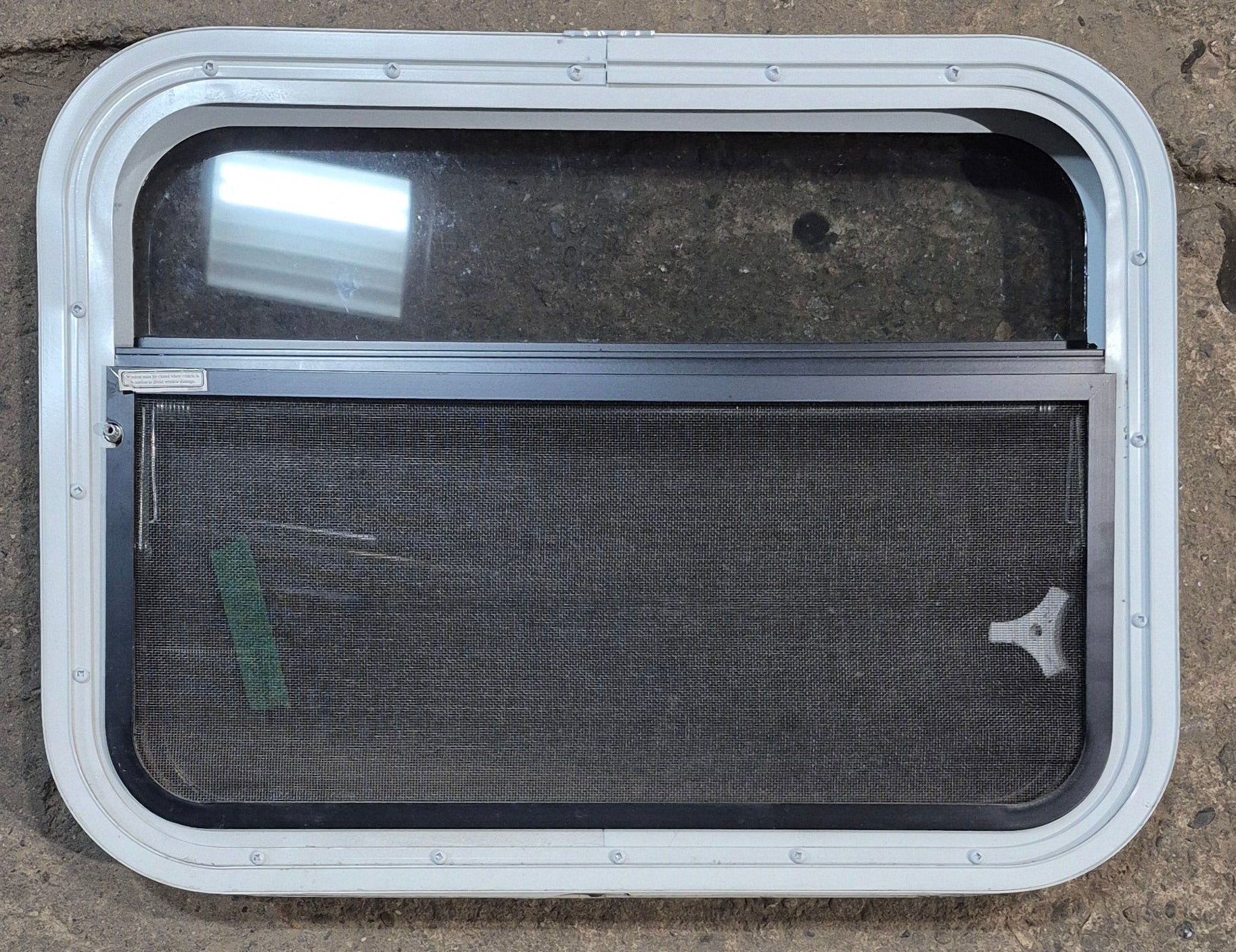 Used White Radius Opening Window : 23 1/4" W x 17 1/4" H x 1 3/4" D - Young Farts RV Parts