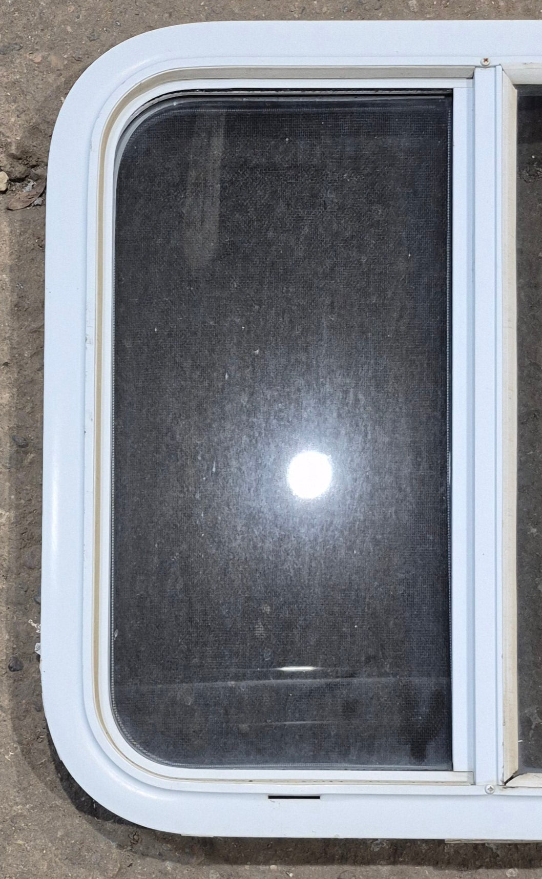 Used White Radius Opening Window : 23 1/4" W x 21 1/4" H x 1 3/4" D - Young Farts RV Parts