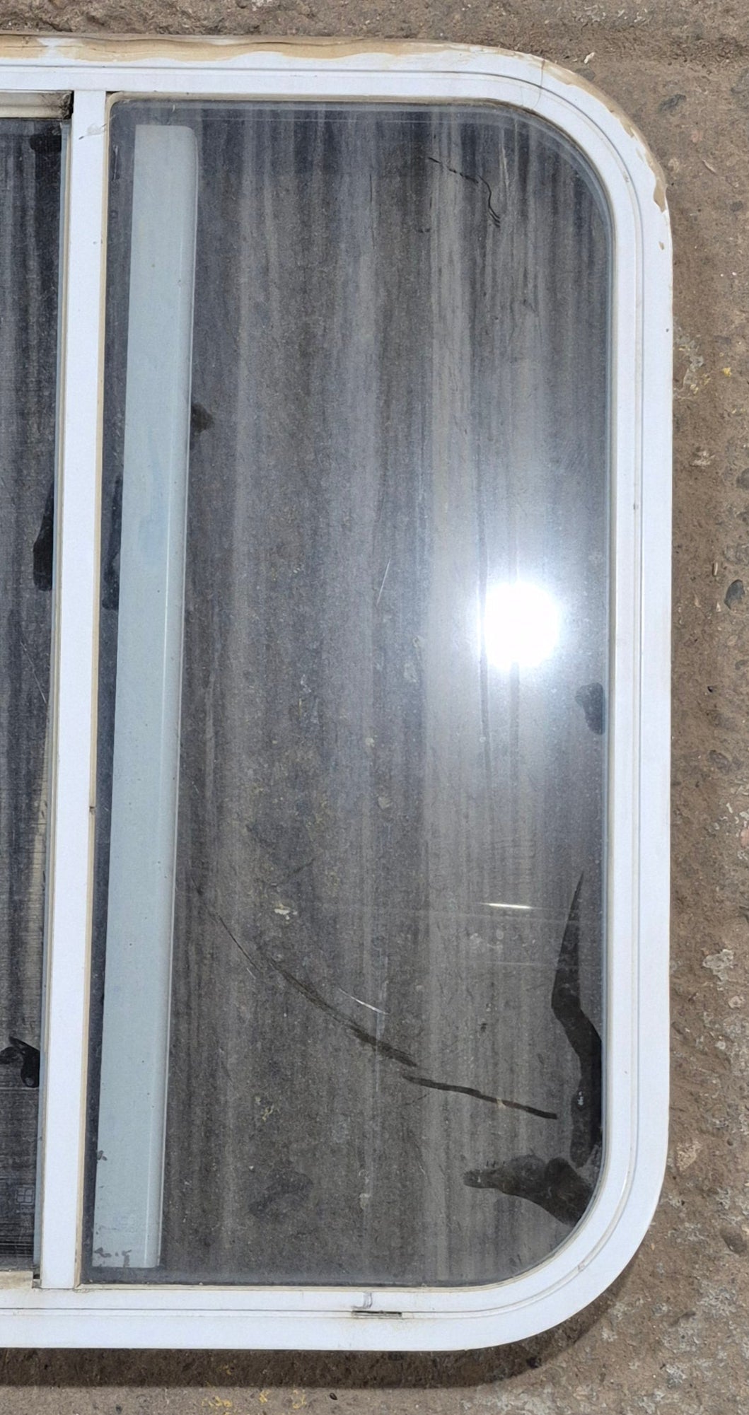 Used White Radius Opening Window : 23 1/4" W x 25 3/4" H x 1 7/8" D - Young Farts RV Parts