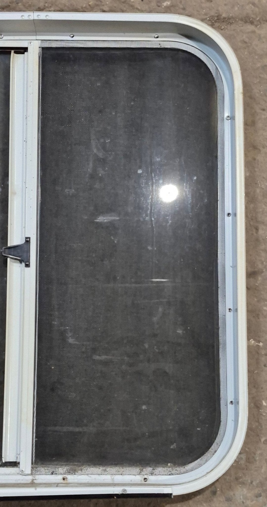 Used White Radius Opening Window : 23 1/4" W x 25 3/4" H x 1 7/8" D - Young Farts RV Parts
