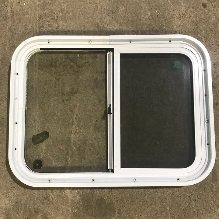 Used White Radius Opening Window : 24 1/4" W x 17 3/4" H x 1 7/8" D - Young Farts RV Parts