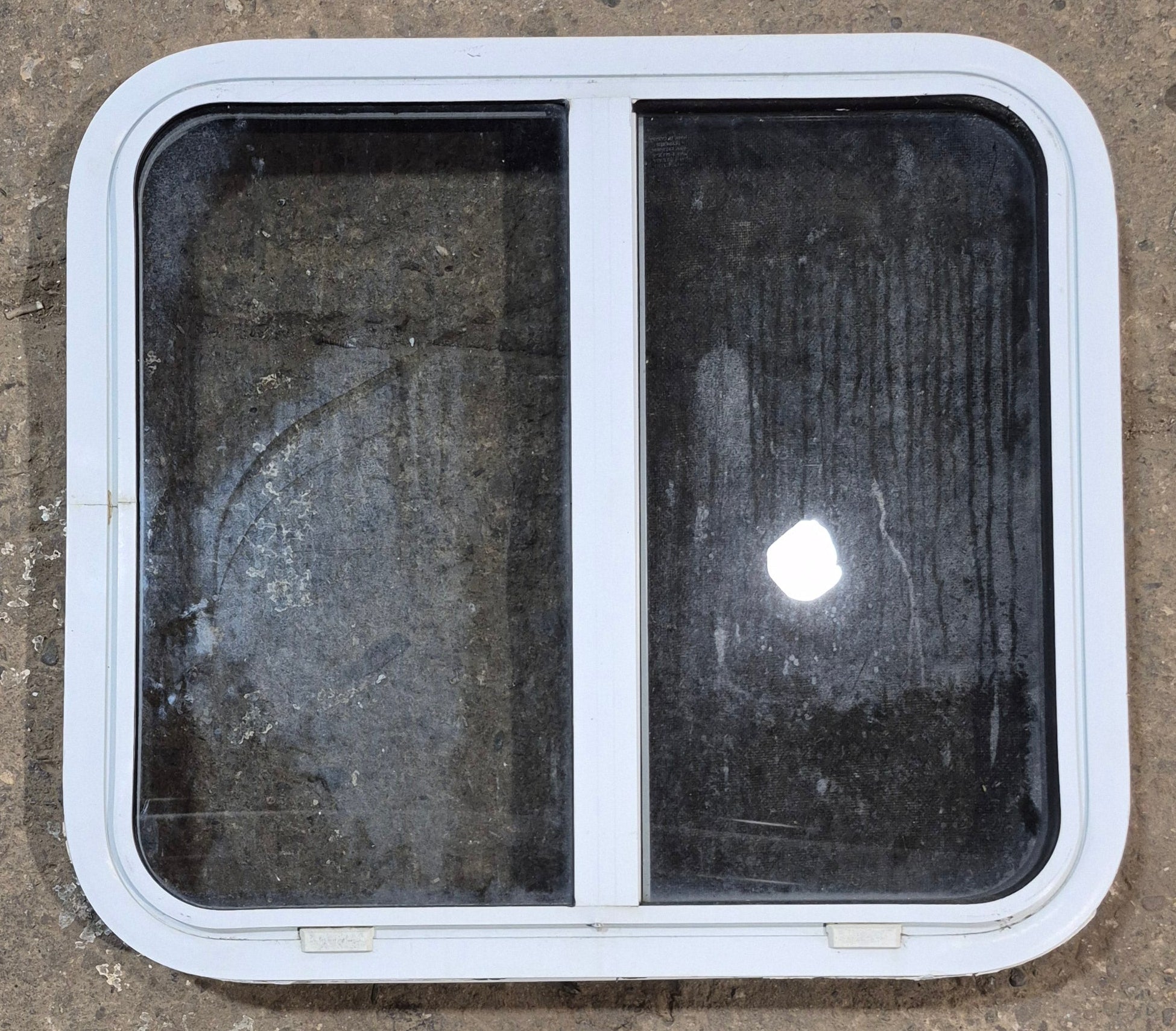Used White Radius Opening Window : 24 1/4" W x 21 3/4" H x 1 7/8" D - Young Farts RV Parts