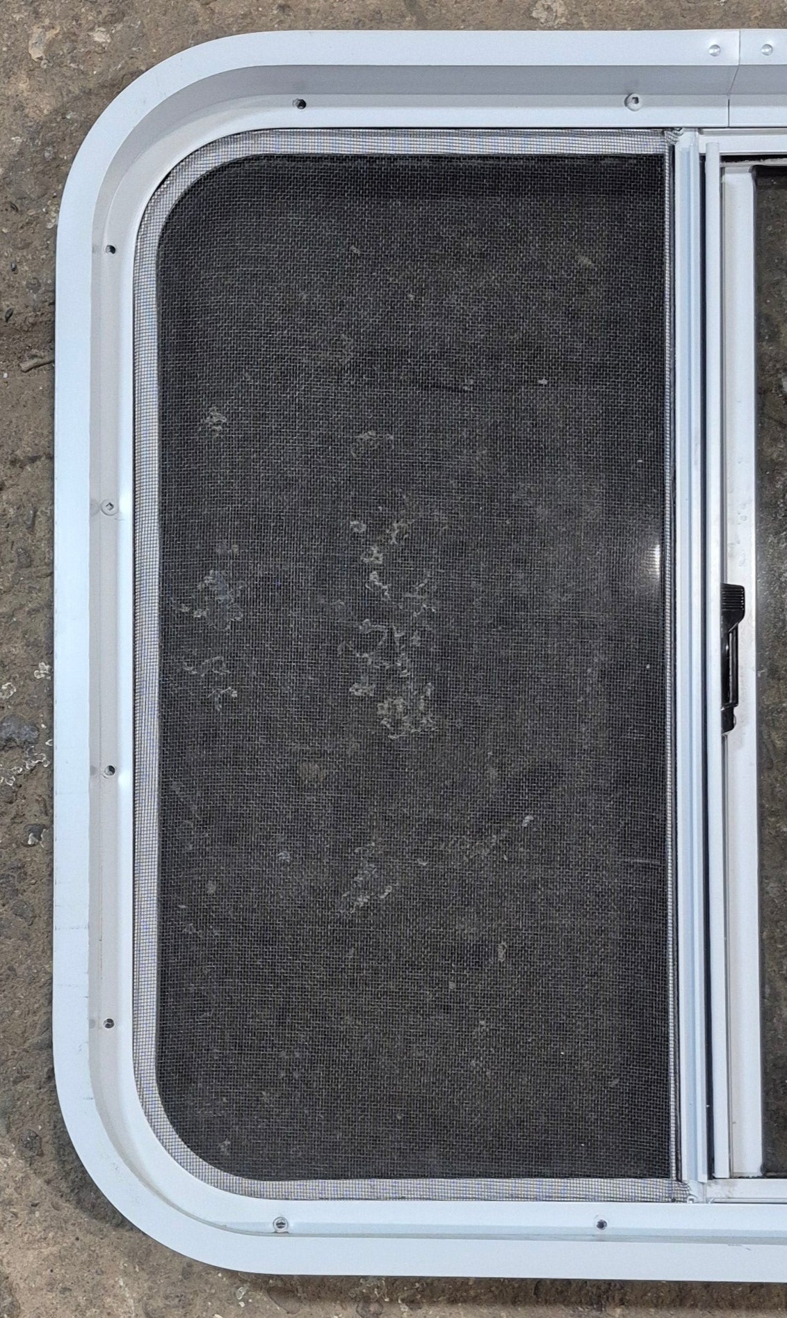 Used White Radius Opening Window : 24 1/4" W x 21 3/4" H x 1 7/8" D - Young Farts RV Parts