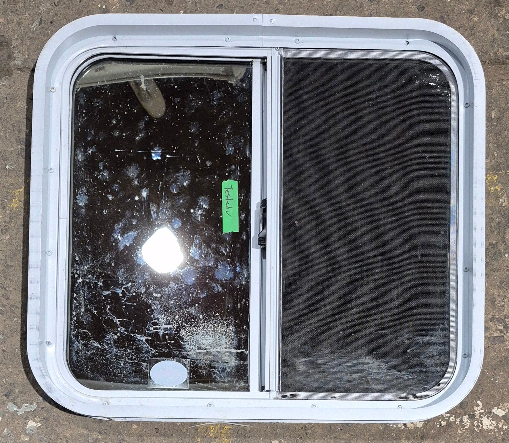 Used White Radius Opening Window : 24 1/4" W x 21 3/4" H x 1 7/8" D - Young Farts RV Parts