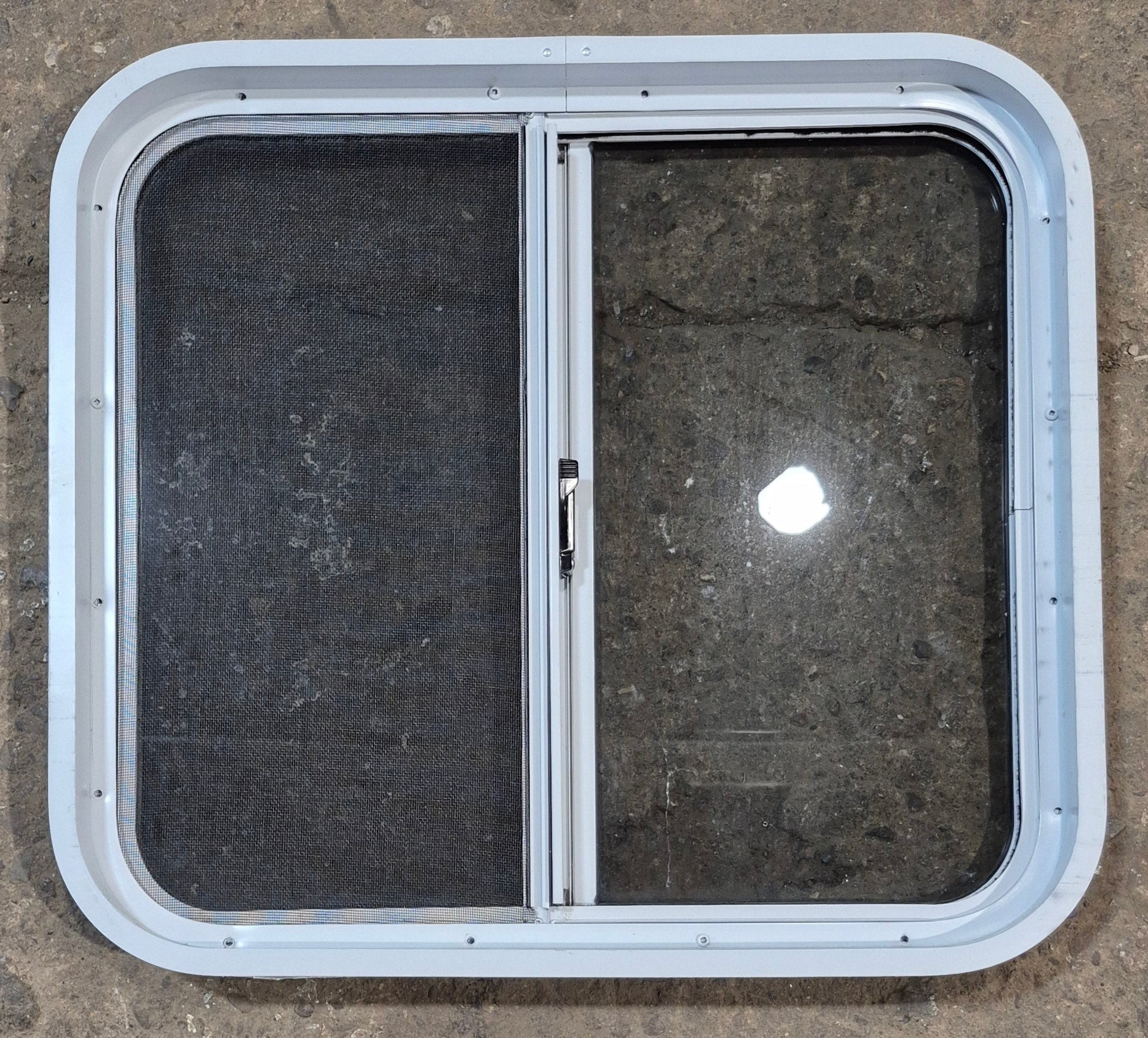 Used White Radius Opening Window : 24 1/4" W x 21 3/4" H x 1 7/8" D - Young Farts RV Parts