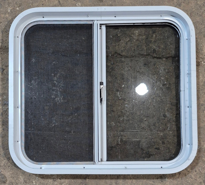 Used White Radius Opening Window : 24 1/4" W x 21 3/4" H x 1 7/8" D - Young Farts RV Parts