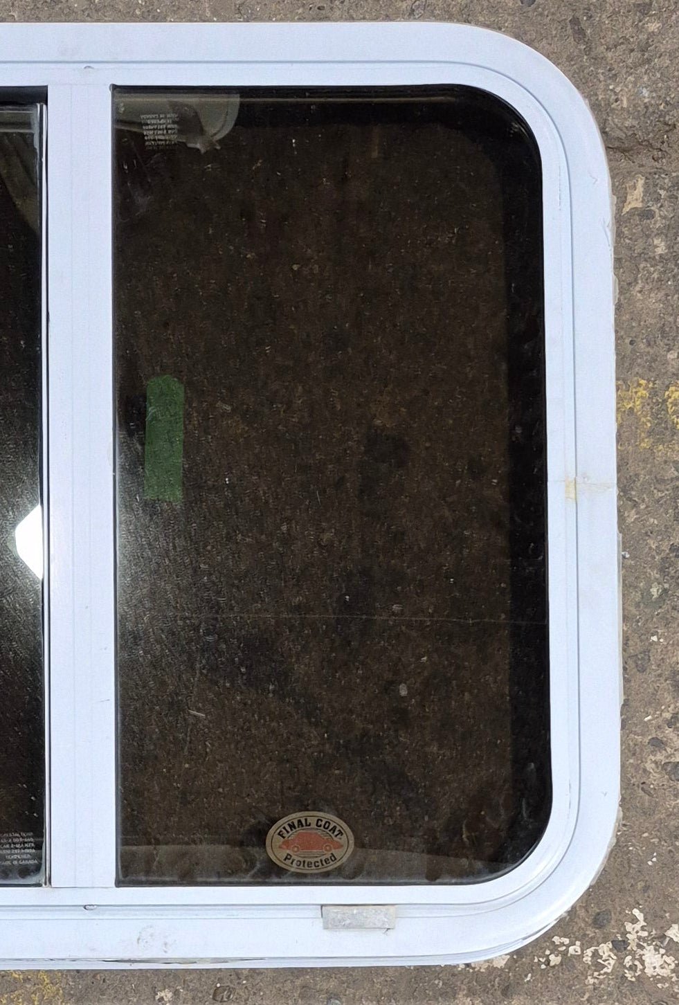 Used White Radius Opening Window : 24 1/4" W x 21 3/4" H x 1 7/8" D - Young Farts RV Parts