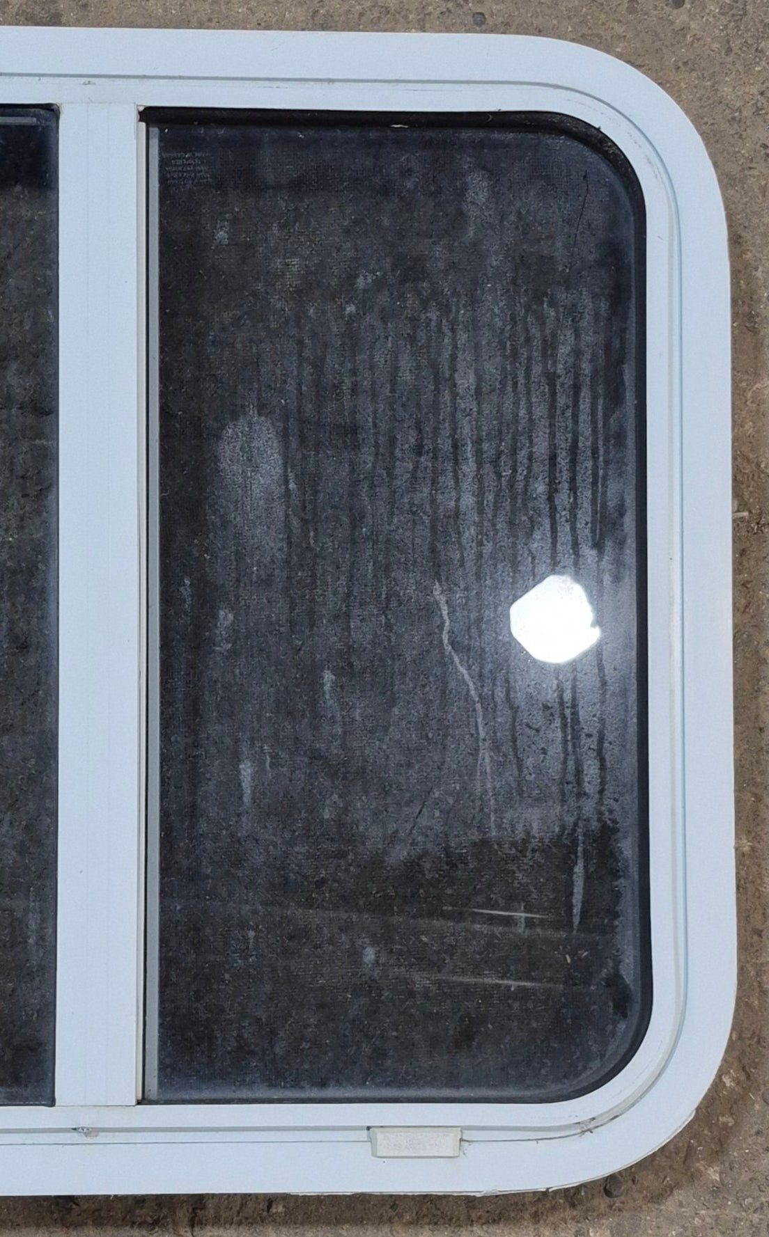 Used White Radius Opening Window : 24 1/4" W x 21 3/4" H x 1 7/8" D - Young Farts RV Parts
