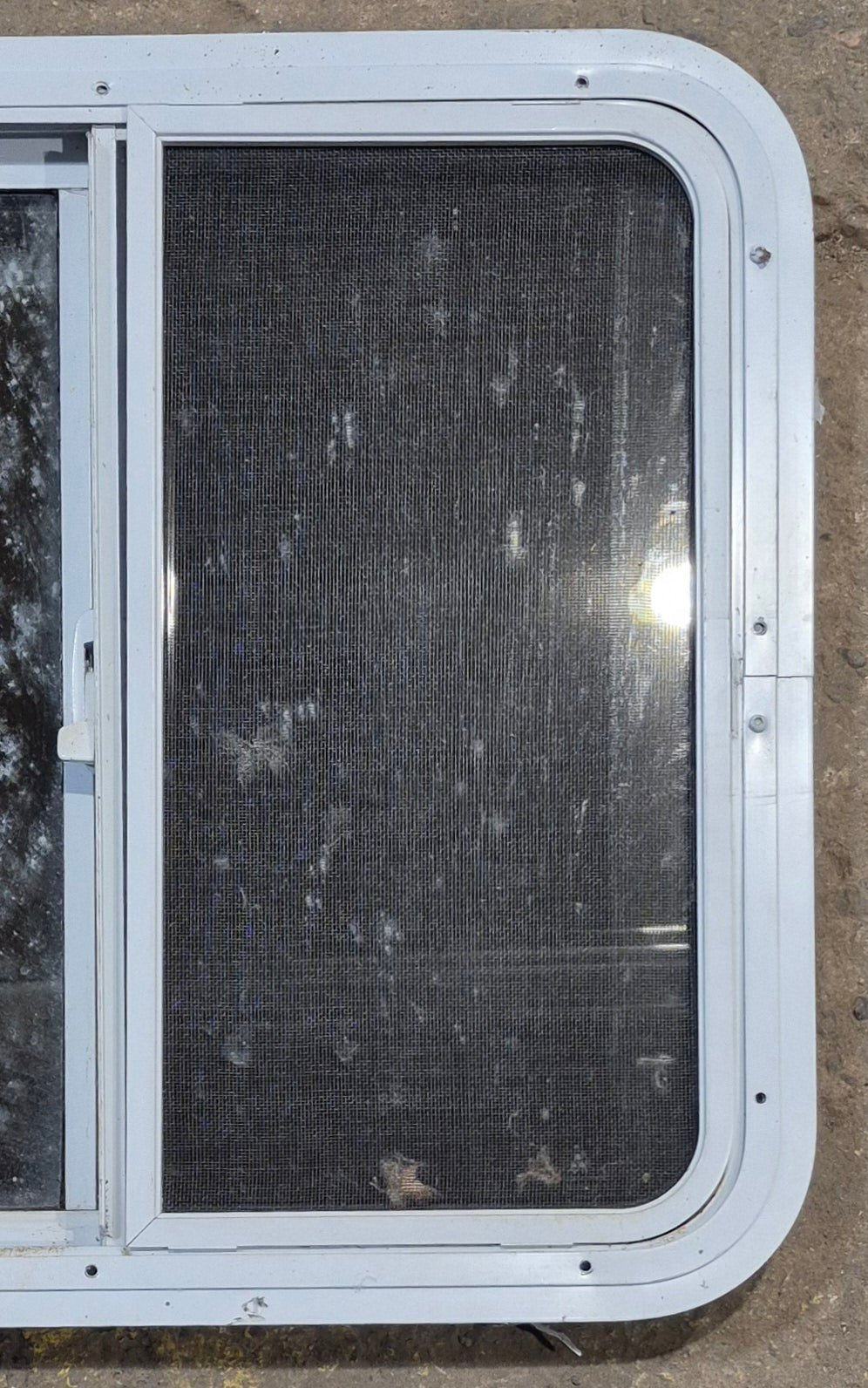 Used White Radius Opening Window : 24" W x 21 1/2" H x 1 7/8" D - Young Farts RV Parts