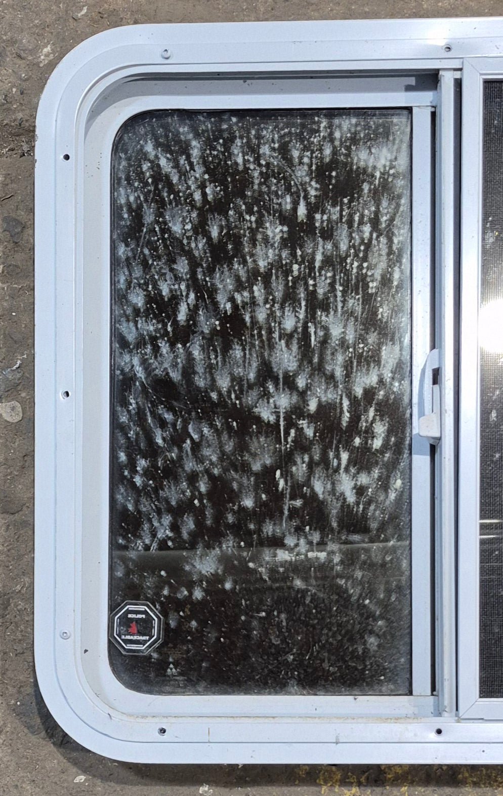 Used White Radius Opening Window : 24" W x 21 1/2" H x 1 7/8" D - Young Farts RV Parts