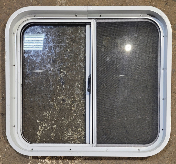 Used White Radius Opening Window : 24" W x 21 3/4" H x 1 7/8" D - Young Farts RV Parts