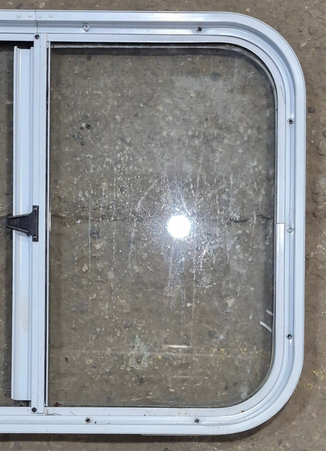 Used White Radius Opening Window : 25 1/2" W x 19 1/2" H x 1 1/4" D - Young Farts RV Parts
