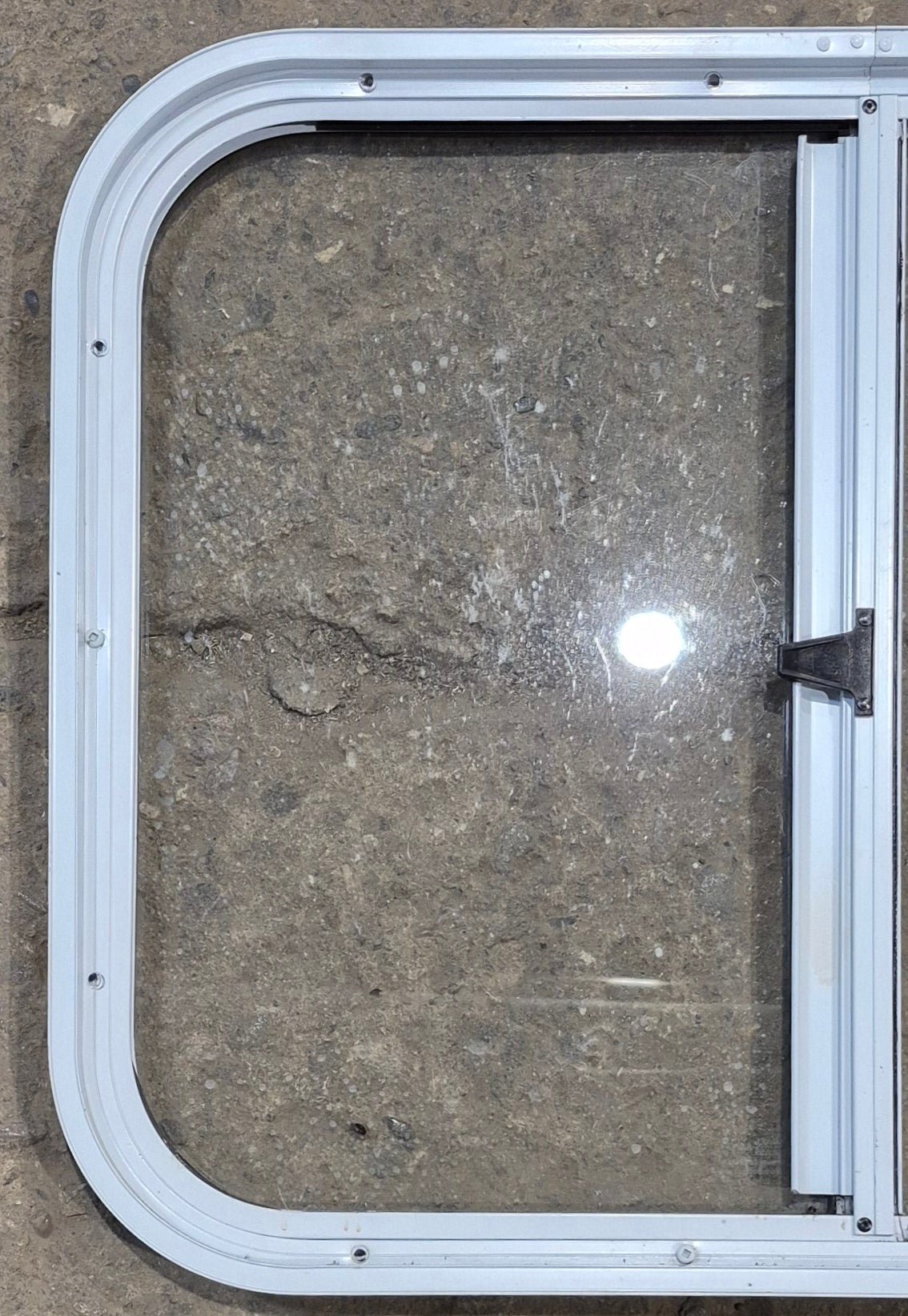 Used White Radius Opening Window : 25 1/2" W x 19 1/2" H x 1 1/4" D - Young Farts RV Parts