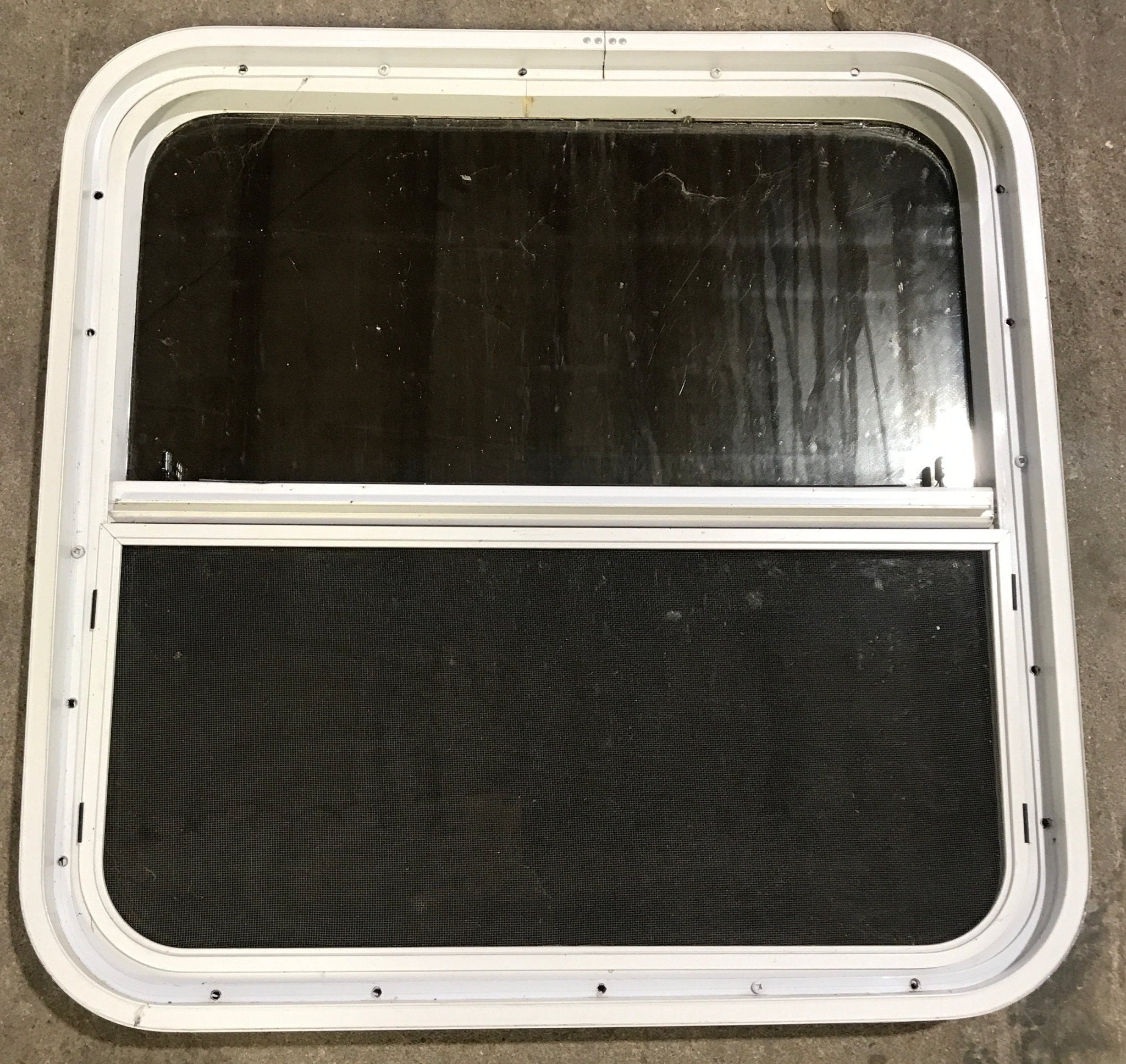 Used White Radius Opening Window : 25 1/2" W x 25 1/2" H x 1 7/8" D - Young Farts RV Parts