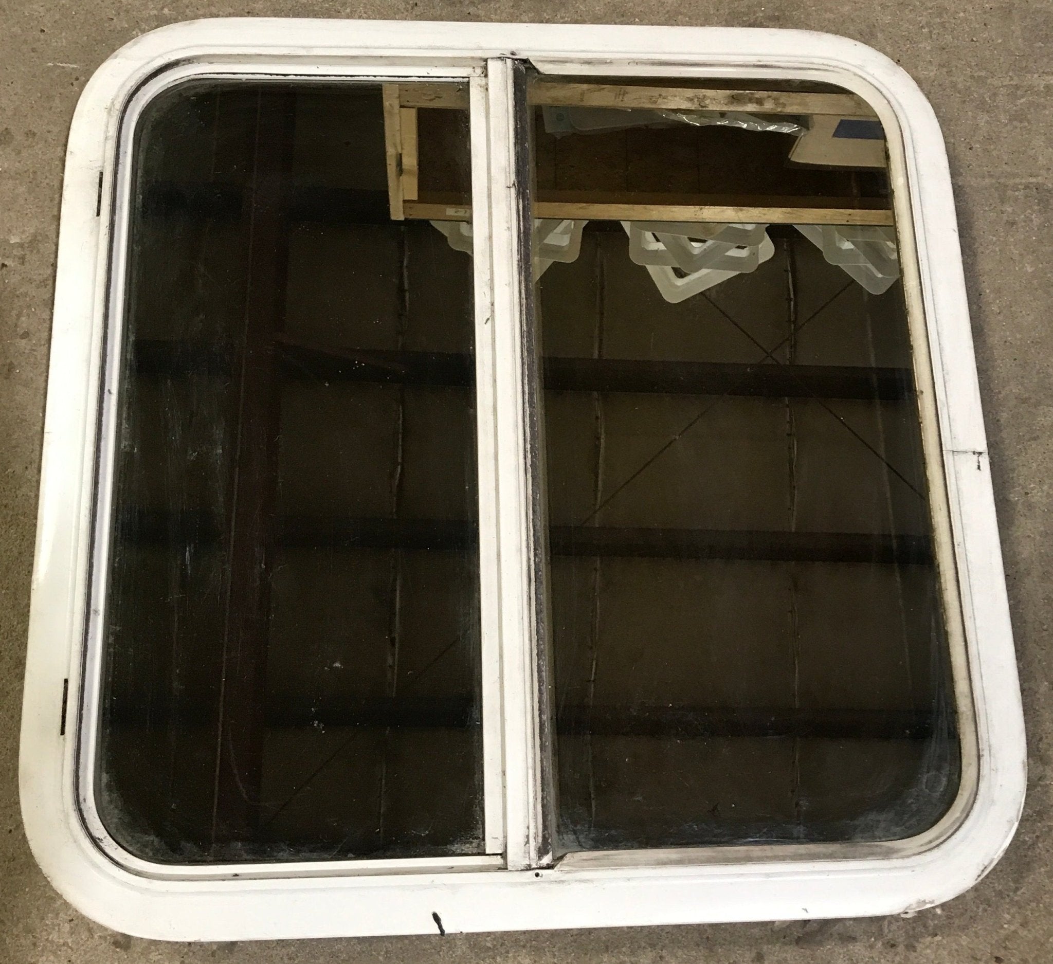 Used White Radius Opening Window : 25 1/2" W x 25 1/2" H x 1 7/8" D - Young Farts RV Parts