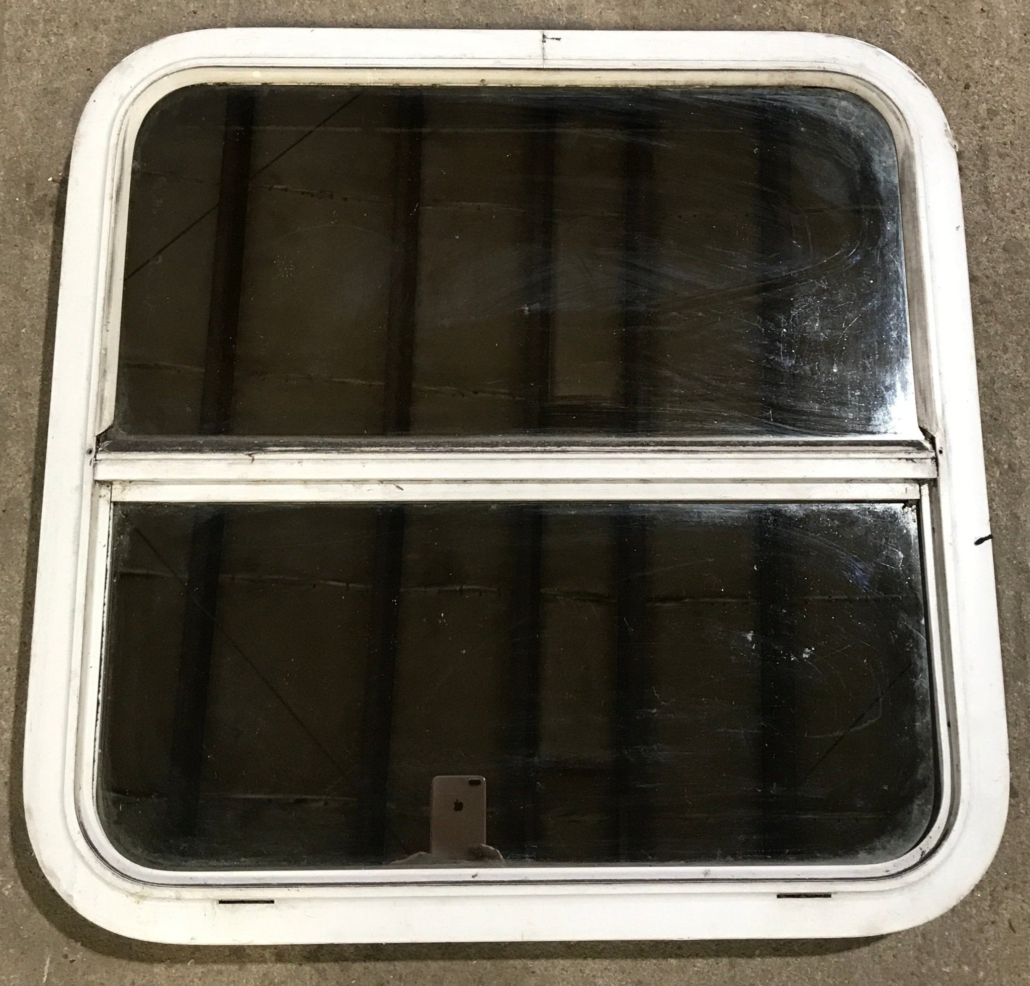 Used White Radius Opening Window : 25 1/2" W x 25 1/2" H x 1 7/8" D - Young Farts RV Parts