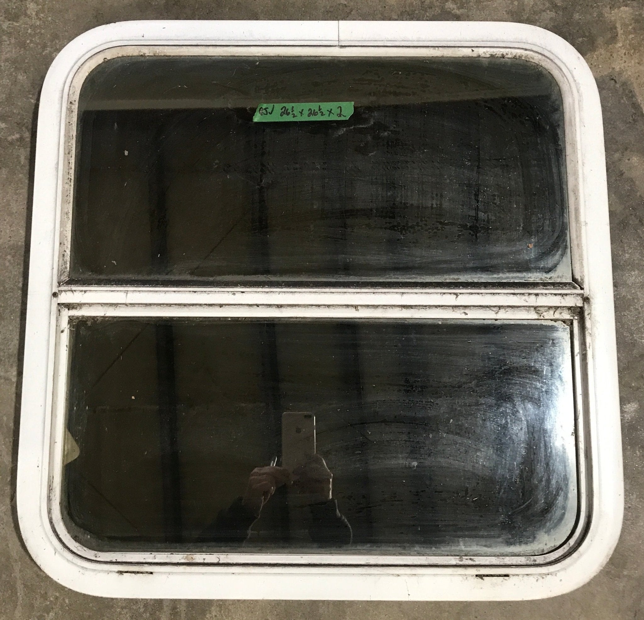 Used White Radius Opening Window : 26 1/2" W x 26 1/2" H x 2" D - Young Farts RV Parts