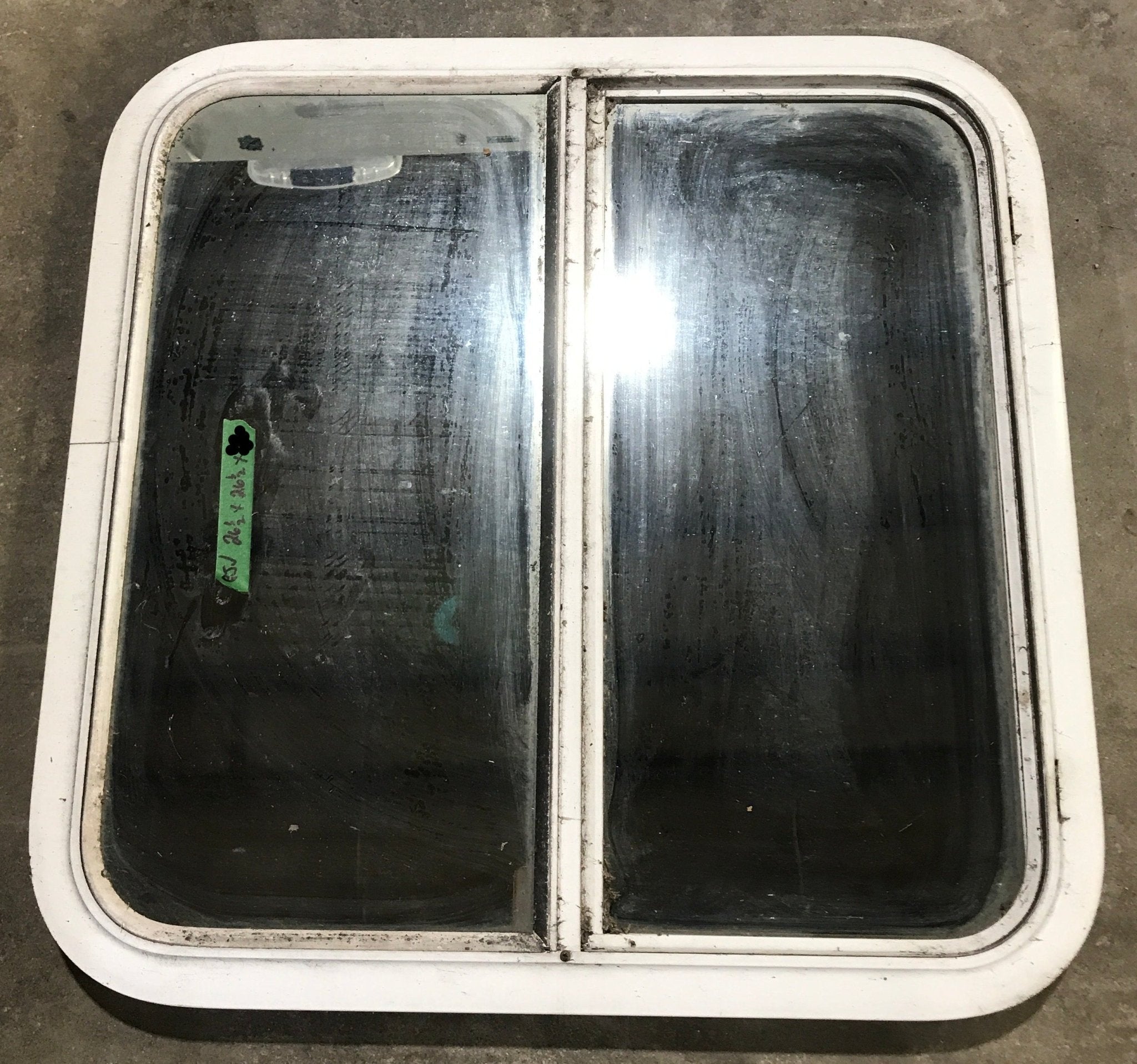 Used White Radius Opening Window : 26 1/2" W x 26 1/2" H x 2" D - Young Farts RV Parts