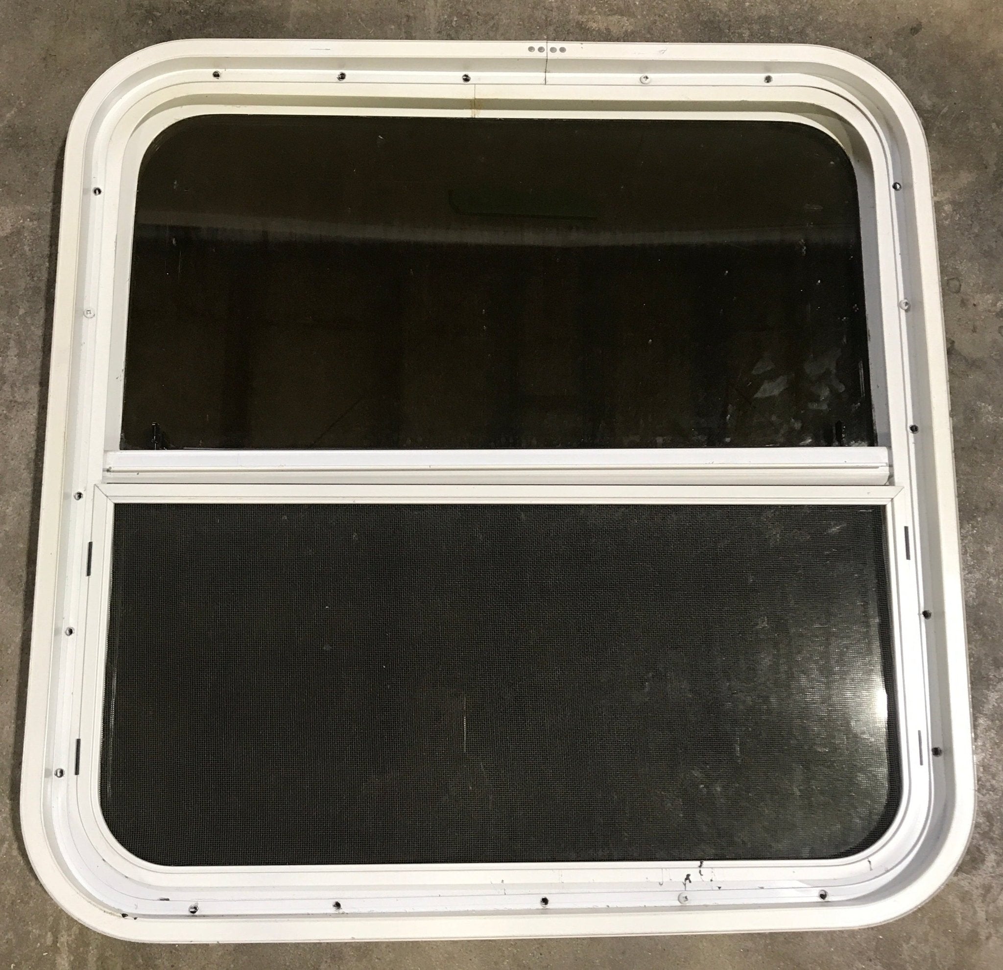 Used White Radius Opening Window : 26 1/2" W x 26 1/2" H x 2" D - Young Farts RV Parts
