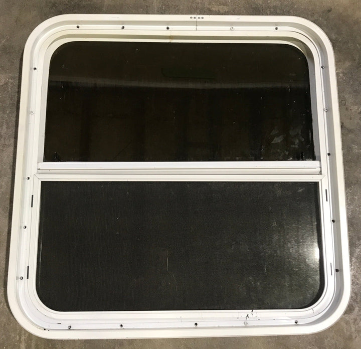 Used White Radius Opening Window : 26 1/2" W x 26 1/2" H x 2" D - Young Farts RV Parts