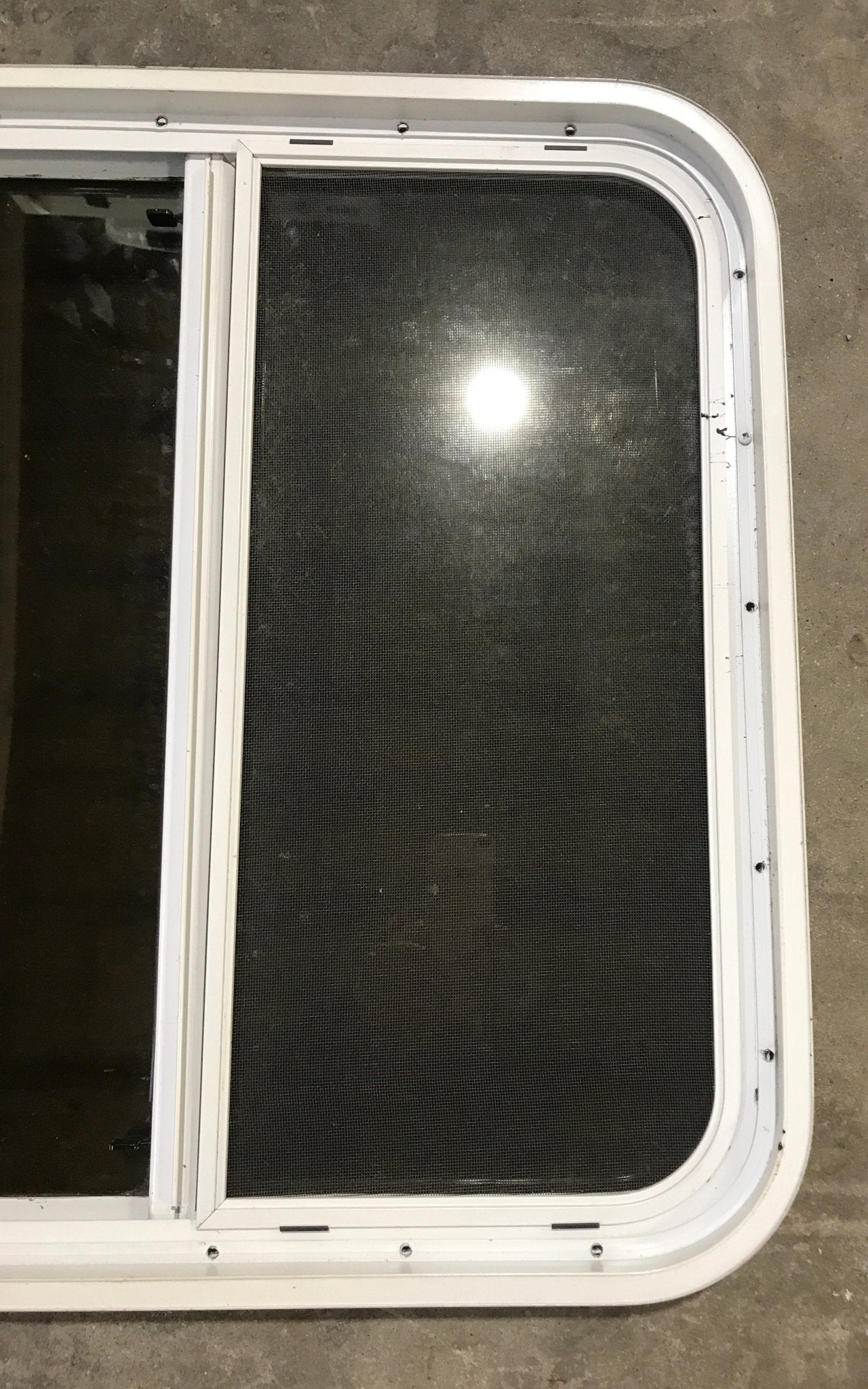 Used White Radius Opening Window : 26 1/2" W x 26 1/2" H x 2" D - Young Farts RV Parts