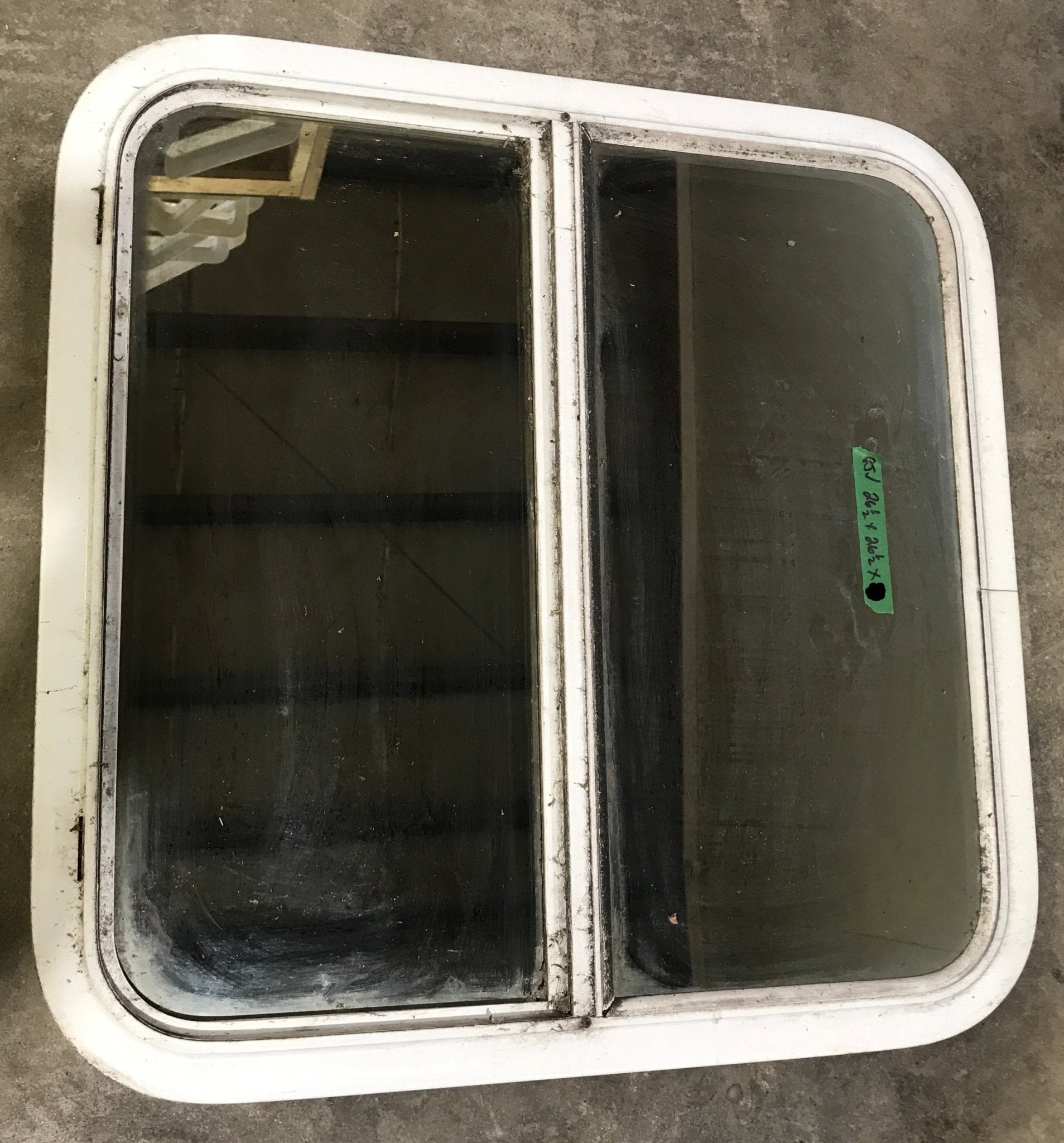 Used White Radius Opening Window : 26 1/2" W x 26 1/2" H x 2" D - Young Farts RV Parts
