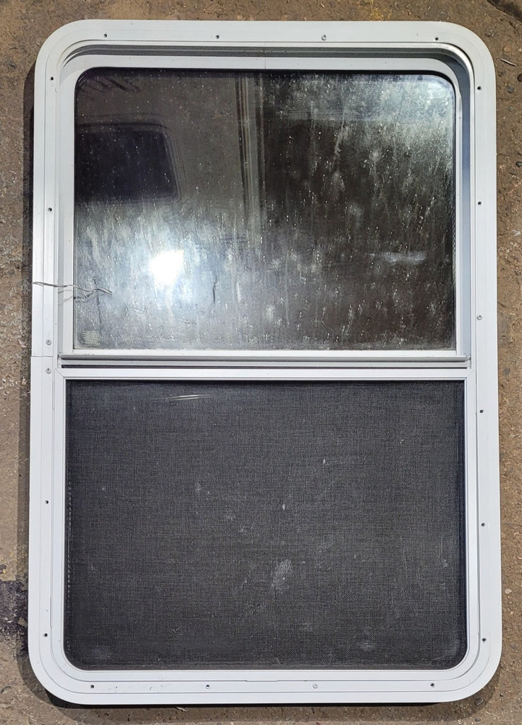 Used White Radius Opening Window : 26" W x 39 1/2" H x 1 7/8" D - Young Farts RV Parts