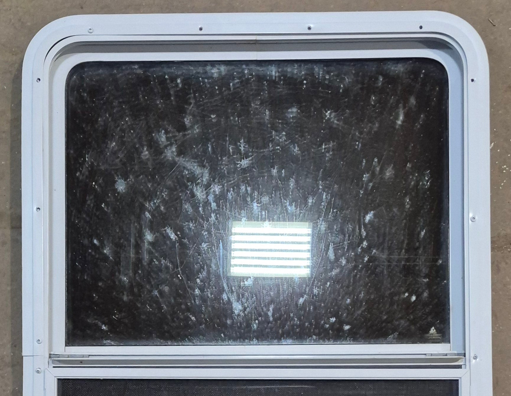 Used White Radius Opening Window : 26" W x 39 1/2" H x 1 7/8" D - Young Farts RV Parts