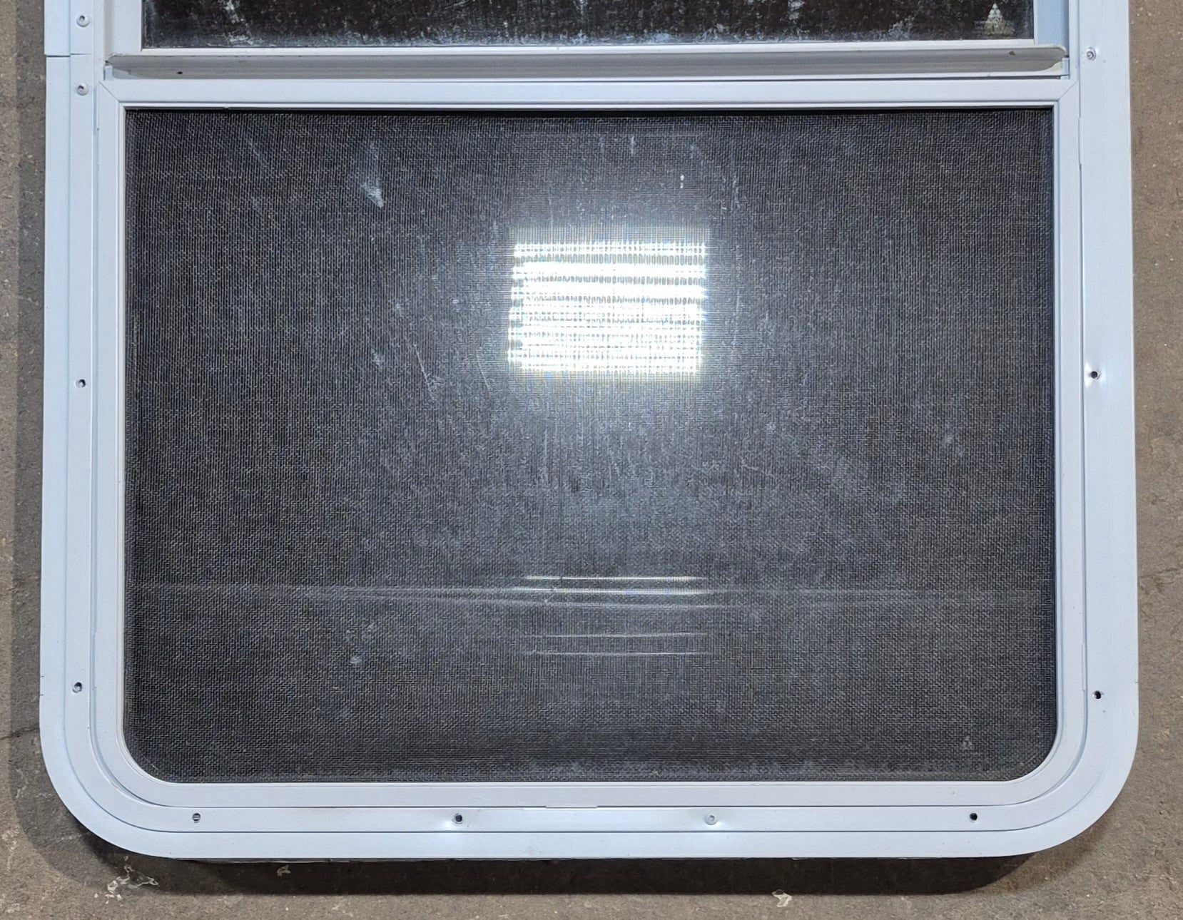 Used White Radius Opening Window : 26" W x 39 1/2" H x 1 7/8" D - Young Farts RV Parts