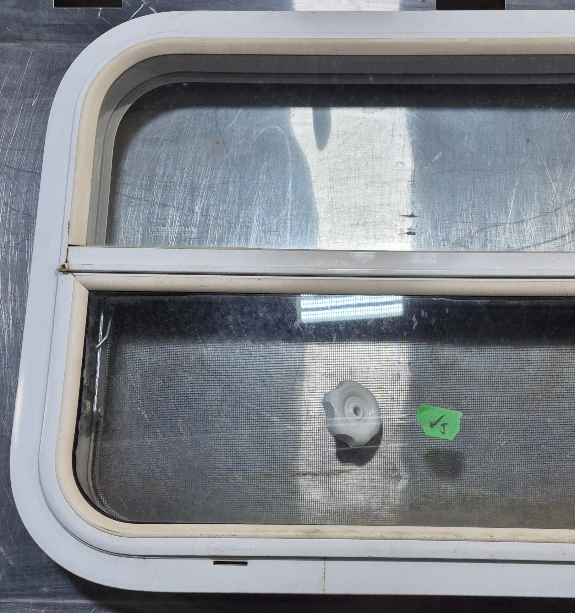Used White Radius Opening Window : 29 1/2" W x 17 1/2" H x 1 7/8" D - Young Farts RV Parts