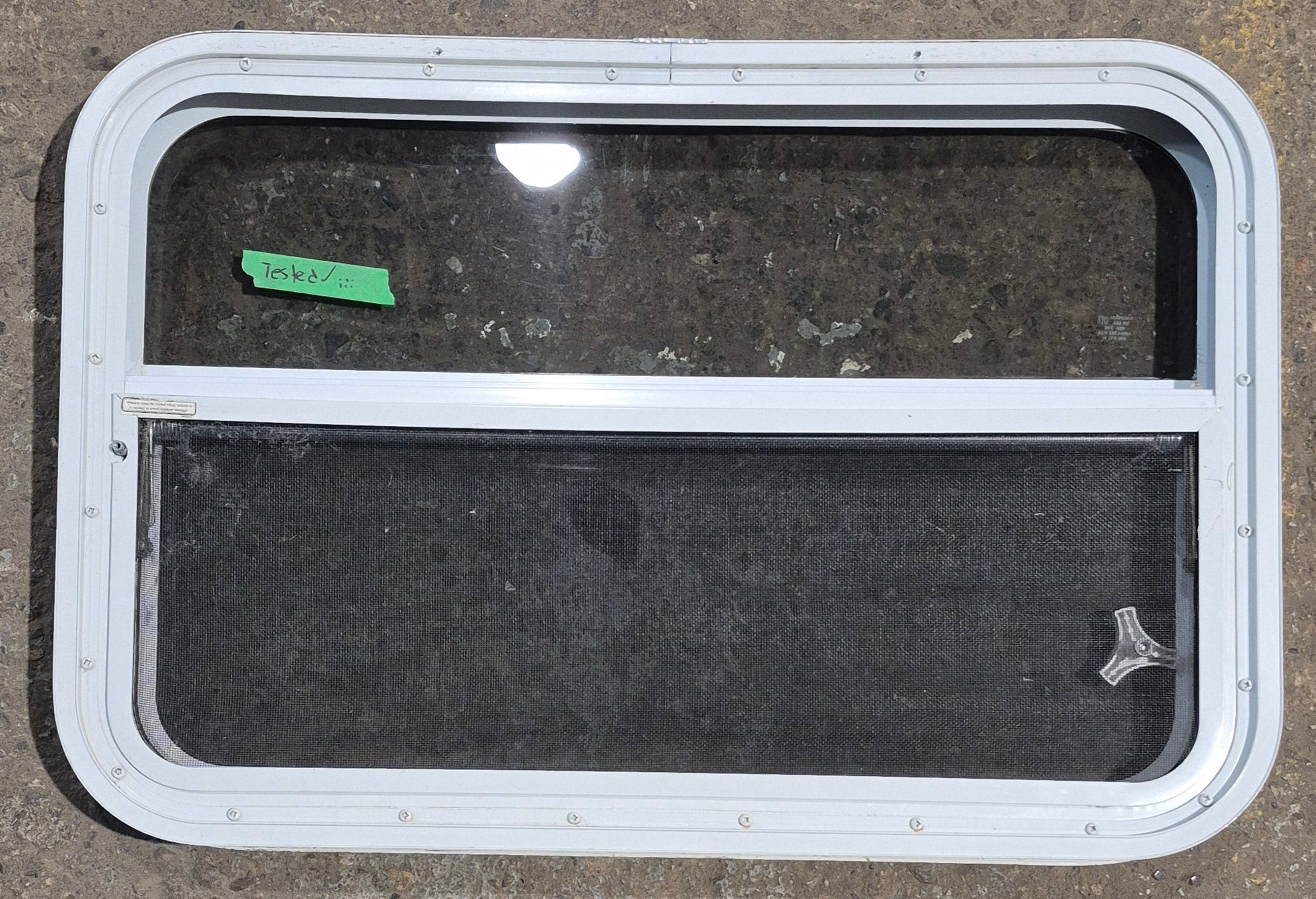 Used White Radius Opening Window : 29 1/2" W x 19 1/4" H x 1 7/8" D - Young Farts RV Parts
