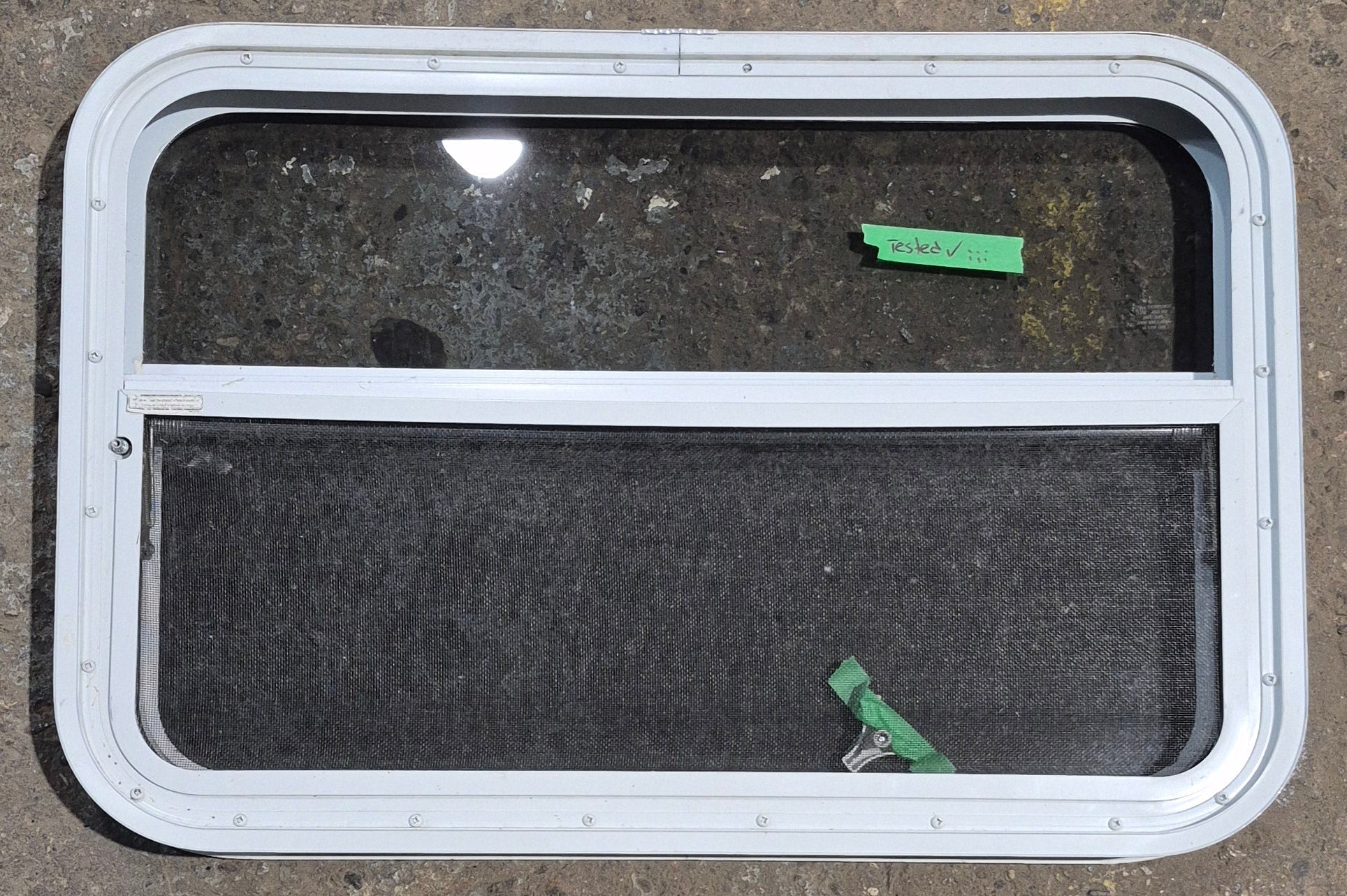 Used White Radius Opening Window : 29 1/2" W x 19 1/4" H x 1 7/8" D - Young Farts RV Parts