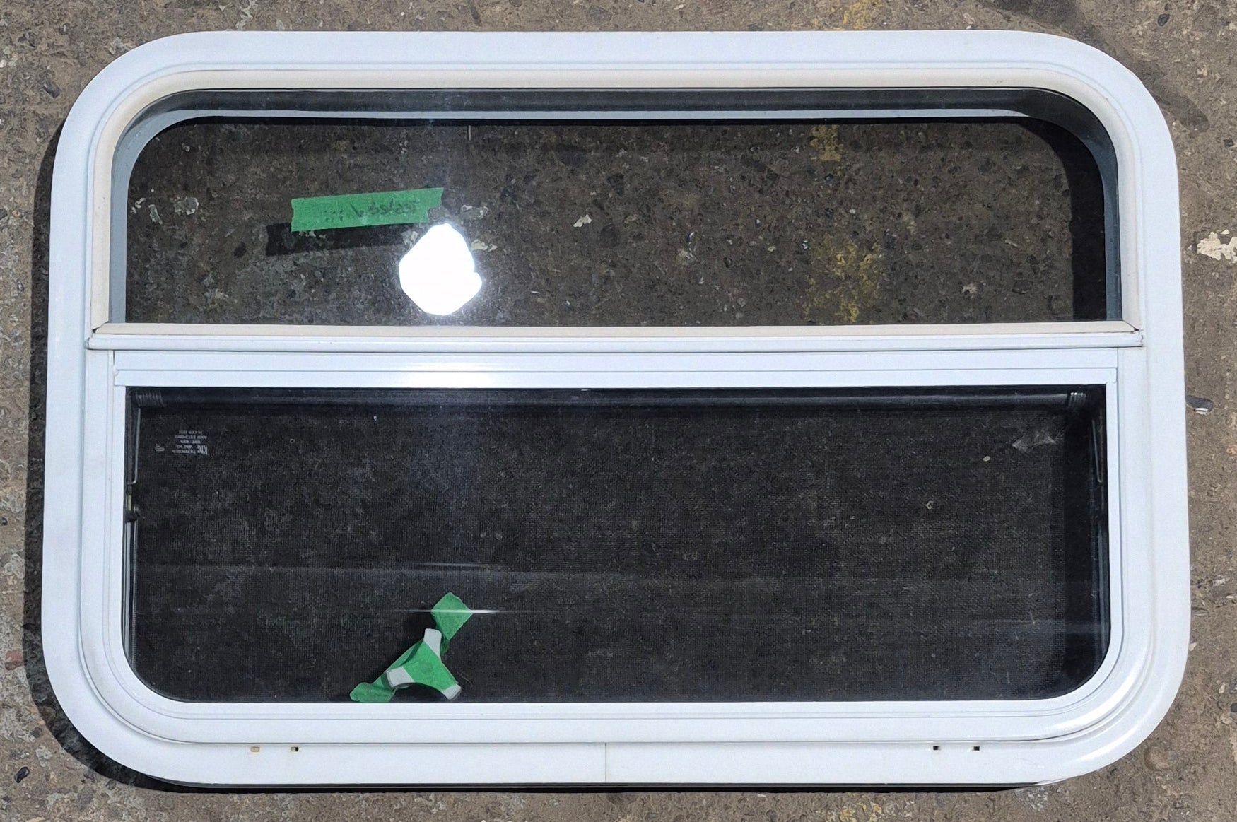Used White Radius Opening Window : 29 1/2" W x 19 1/4" H x 1 7/8" D - Young Farts RV Parts