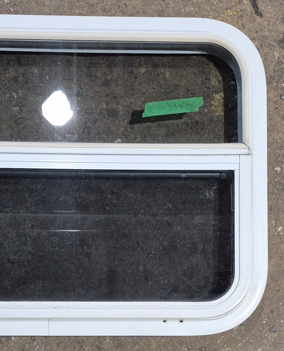 Used White Radius Opening Window : 29 1/2" W x 19 1/4" H x 1 7/8" D - Young Farts RV Parts