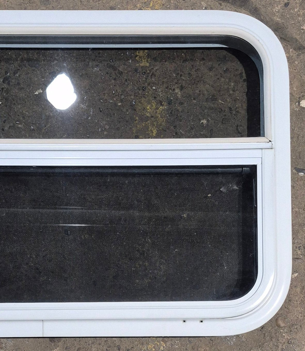 Used White Radius Opening Window : 29 1/2" W x 19 1/4" H x 1 7/8" D - Young Farts RV Parts