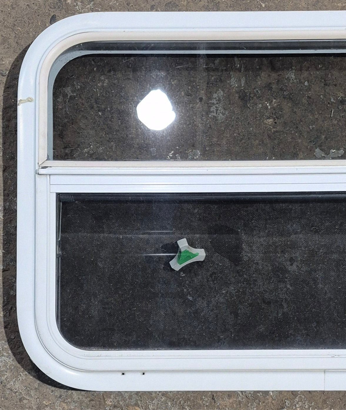 Used White Radius Opening Window : 29 1/2" W x 19 1/4" H x 1 7/8" D - Young Farts RV Parts