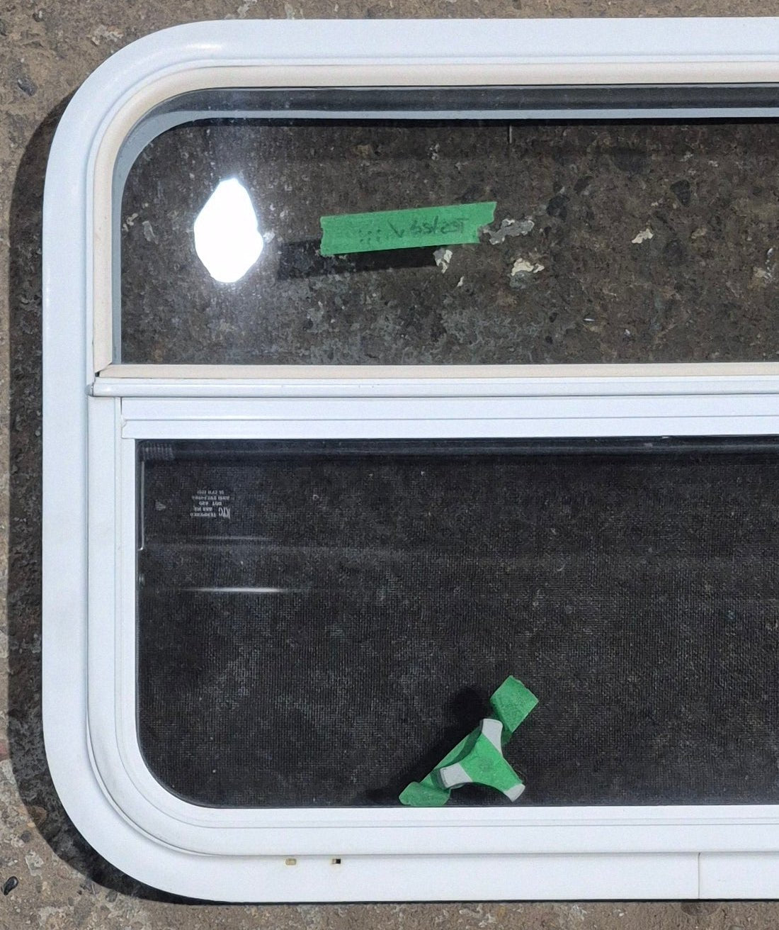 Used White Radius Opening Window : 29 1/2" W x 19 1/4" H x 1 7/8" D - Young Farts RV Parts