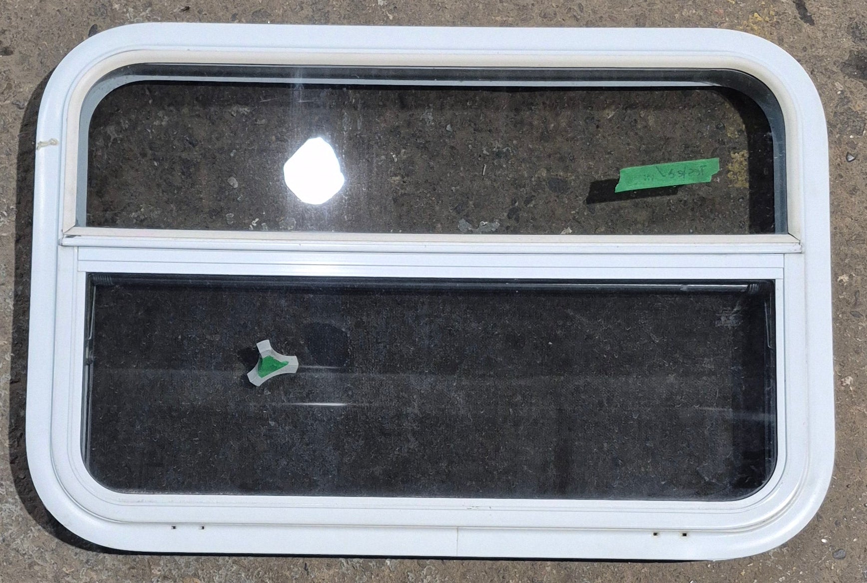 Used White Radius Opening Window : 29 1/2" W x 19 1/4" H x 1 7/8" D - Young Farts RV Parts