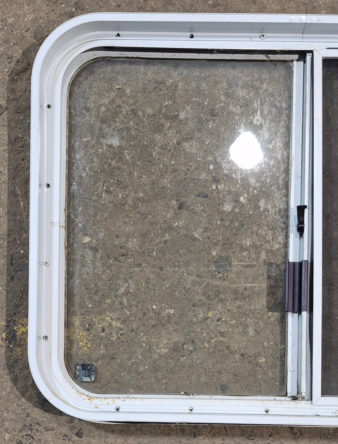 Used White Radius Opening Window : 29 1/2" W x 21 1/2" H x 2" D - Young Farts RV Parts