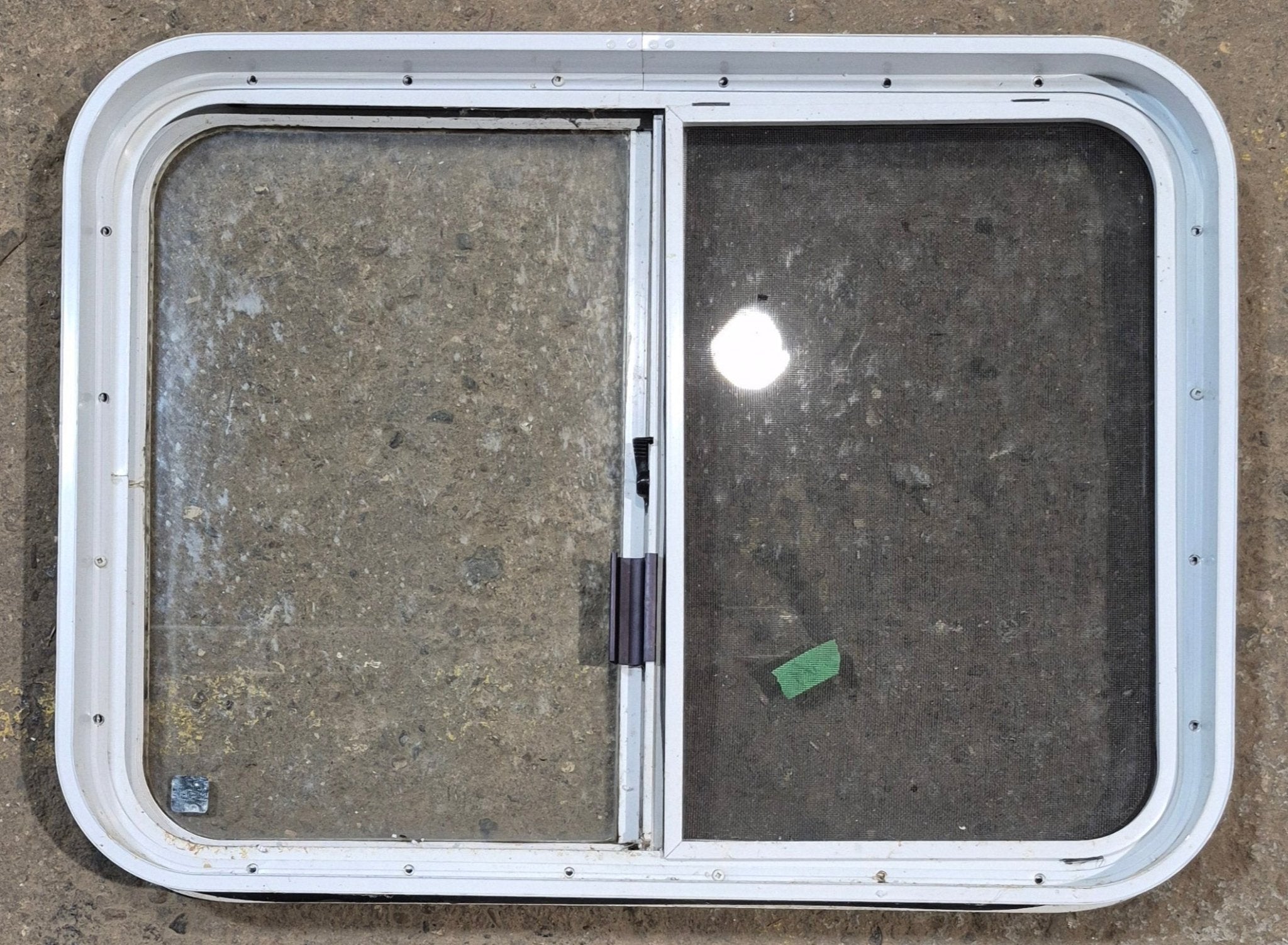 Used White Radius Opening Window : 29 1/2" W x 21 1/2" H x 2" D - Young Farts RV Parts