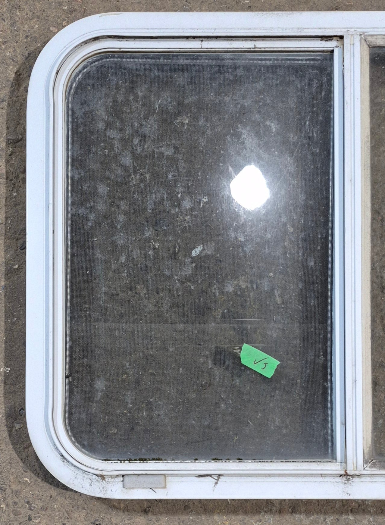 Used White Radius Opening Window : 29 1/2" W x 21 1/2" H x 2" D - Young Farts RV Parts