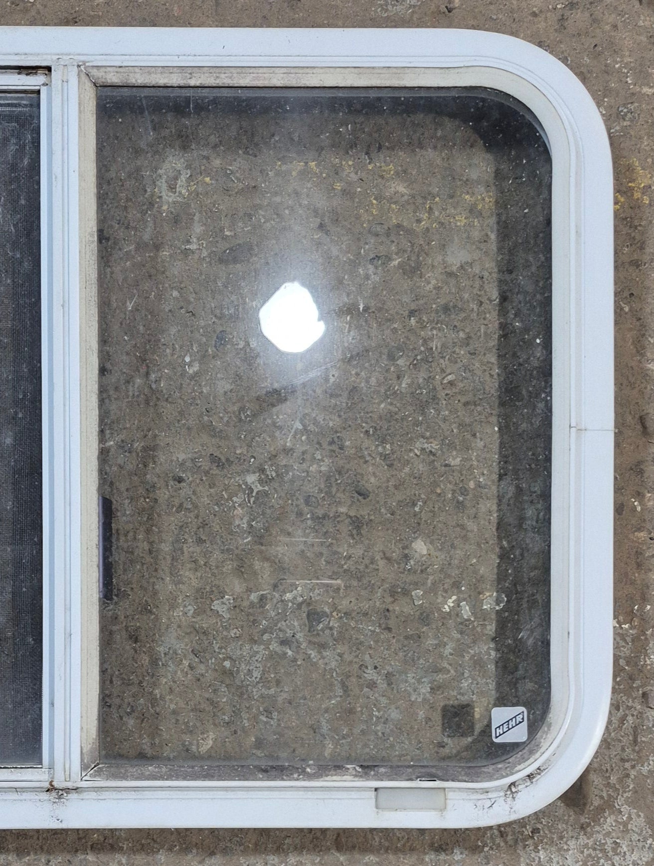 Used White Radius Opening Window : 29 1/2" W x 21 1/2" H x 2" D - Young Farts RV Parts