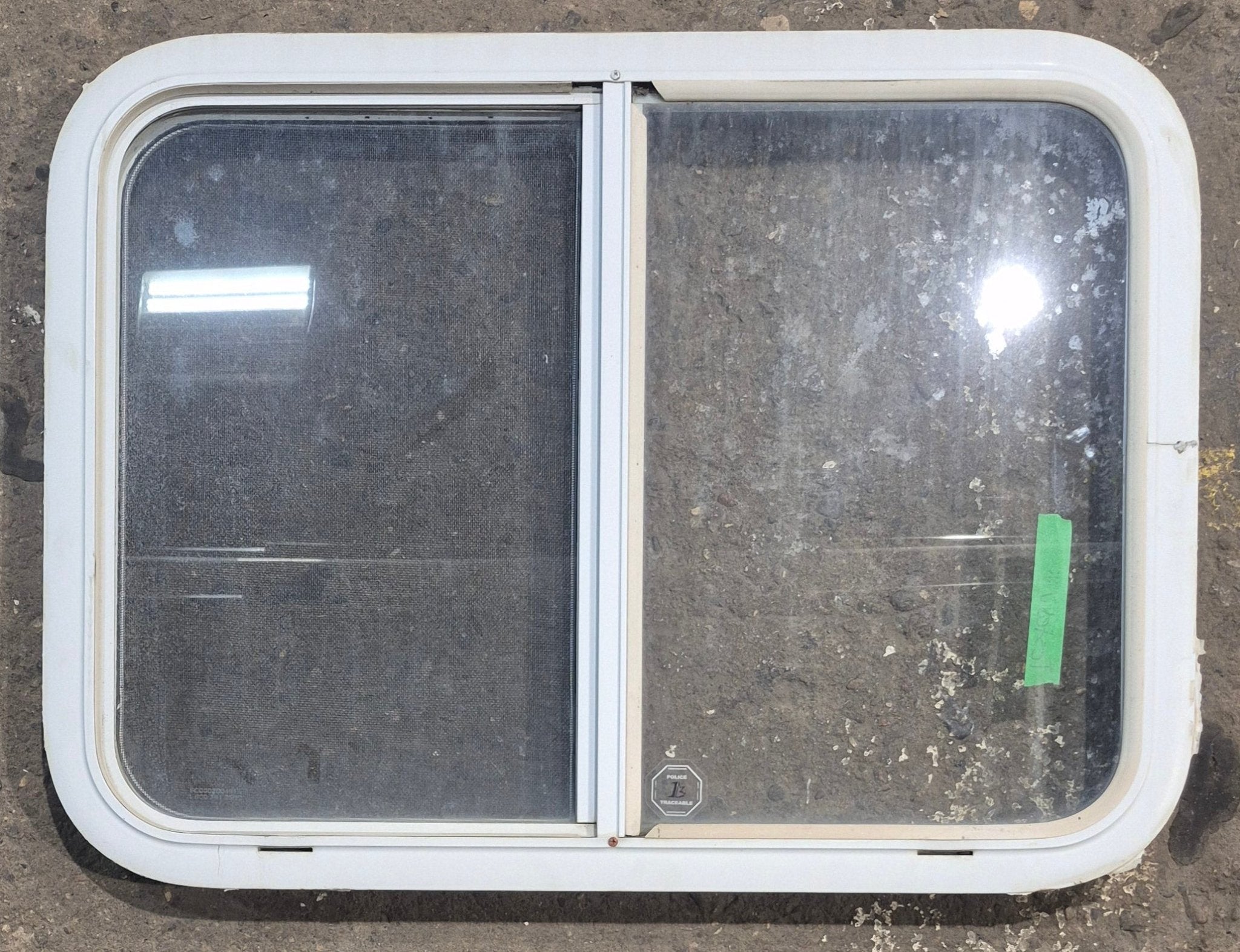 Used White Radius Opening Window : 29 1/2" W x 21 1/4" H x 1 3/4" D - Young Farts RV Parts