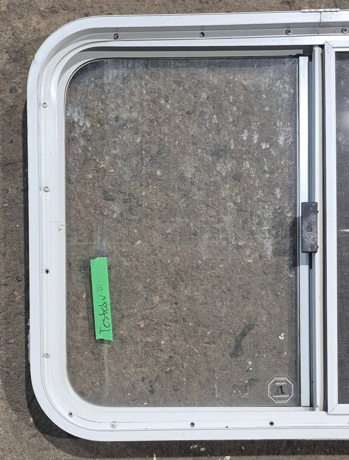 Used White Radius Opening Window : 29 1/2" W x 21 1/4" H x 1 3/4" D - Young Farts RV Parts