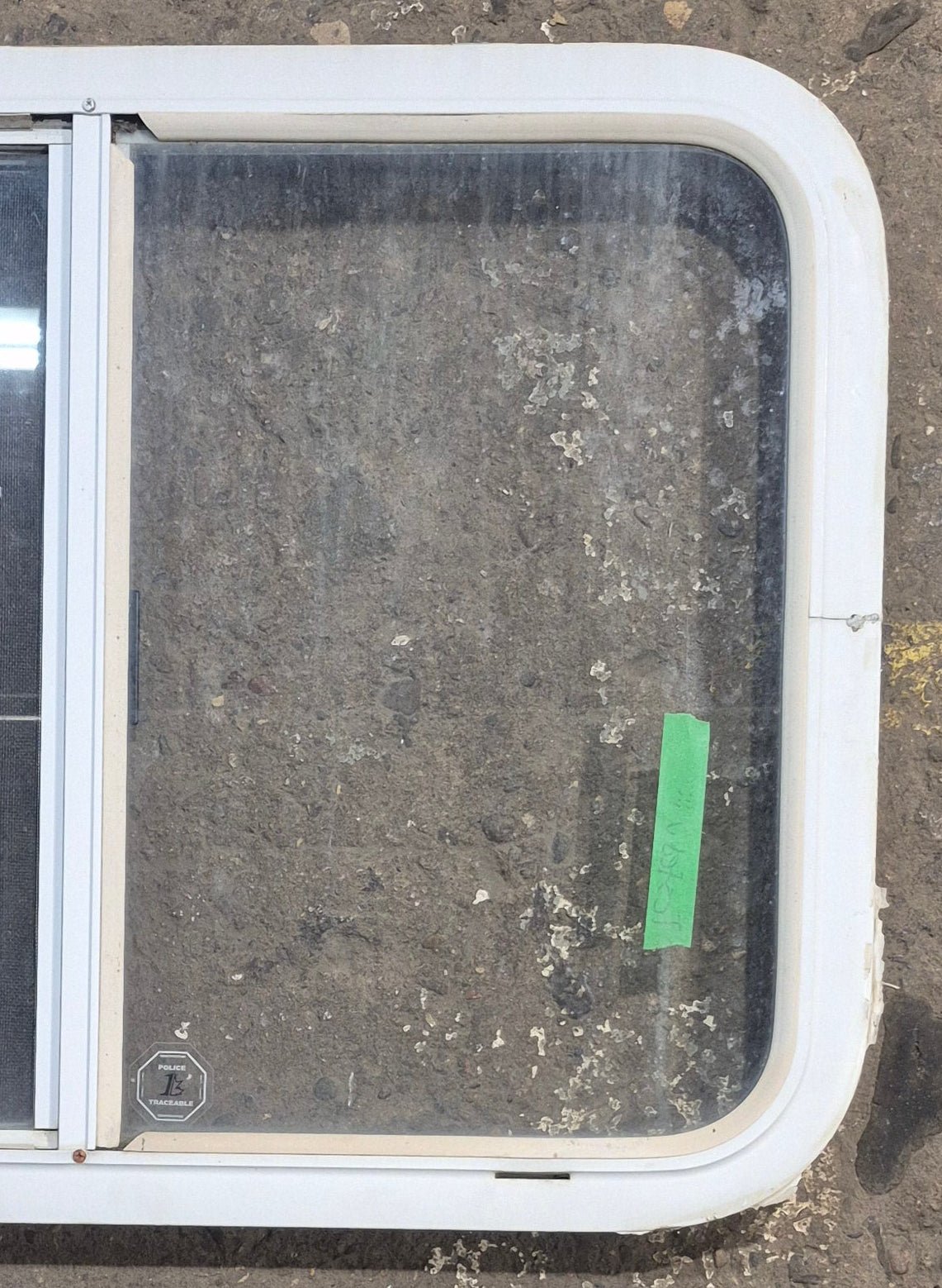 Used White Radius Opening Window : 29 1/2" W x 21 1/4" H x 1 3/4" D - Young Farts RV Parts