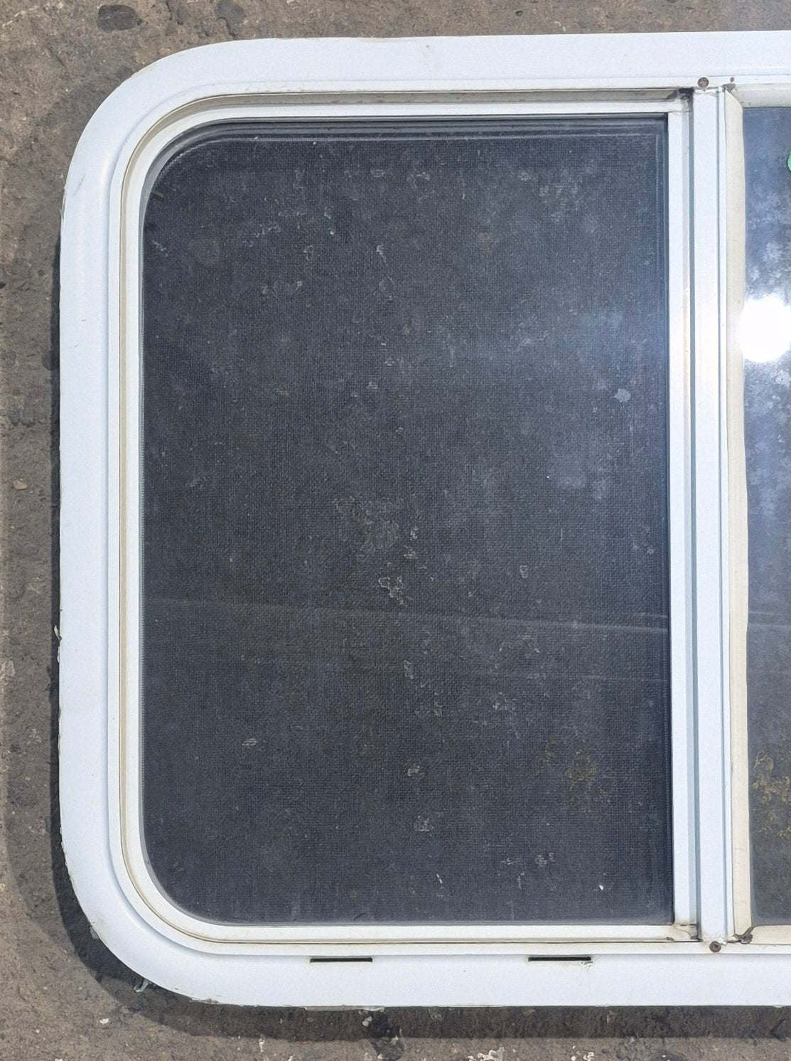 Used White Radius Opening Window : 29 1/2" W x 21 1/4" H x 1 7/8" D - Young Farts RV Parts
