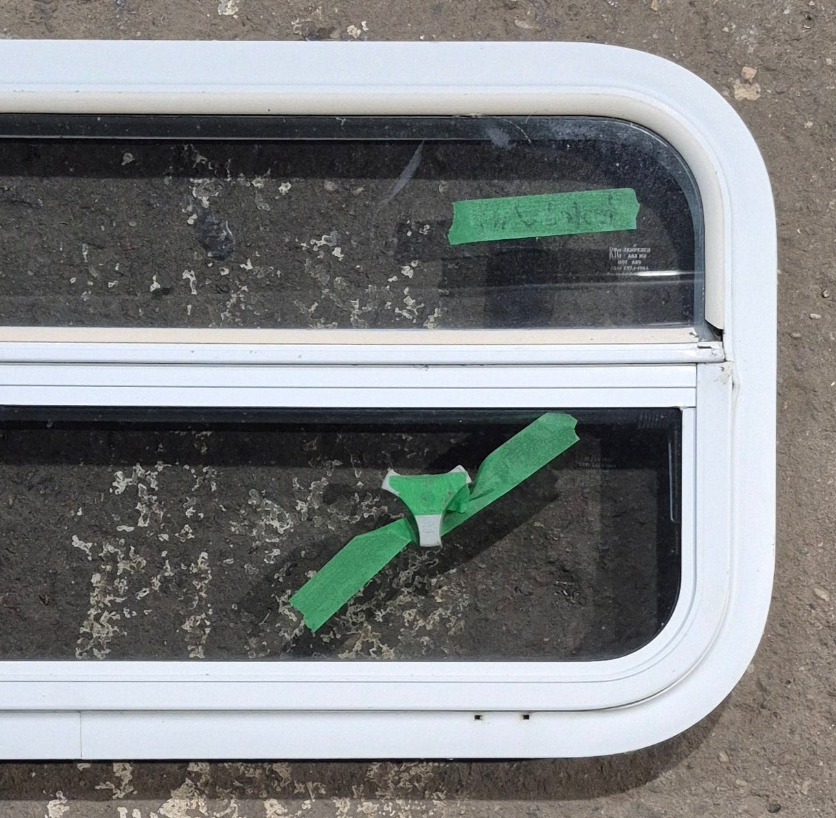 Used White Radius Opening Window : 29 1/4" W x 14 1/4" H x 1 3/4" D - Young Farts RV Parts