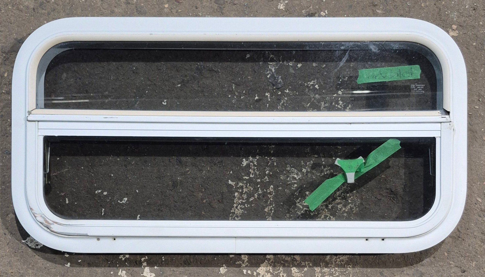 Used White Radius Opening Window : 29 1/4" W x 14 1/4" H x 1 3/4" D - Young Farts RV Parts